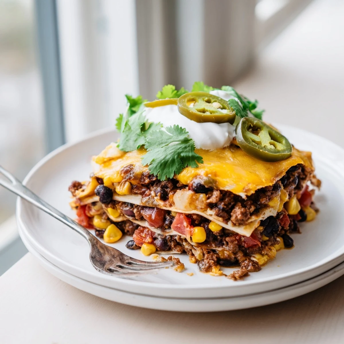 Mexican lasagna fresh from the oven with bubbling cheese and colorful pepper filling