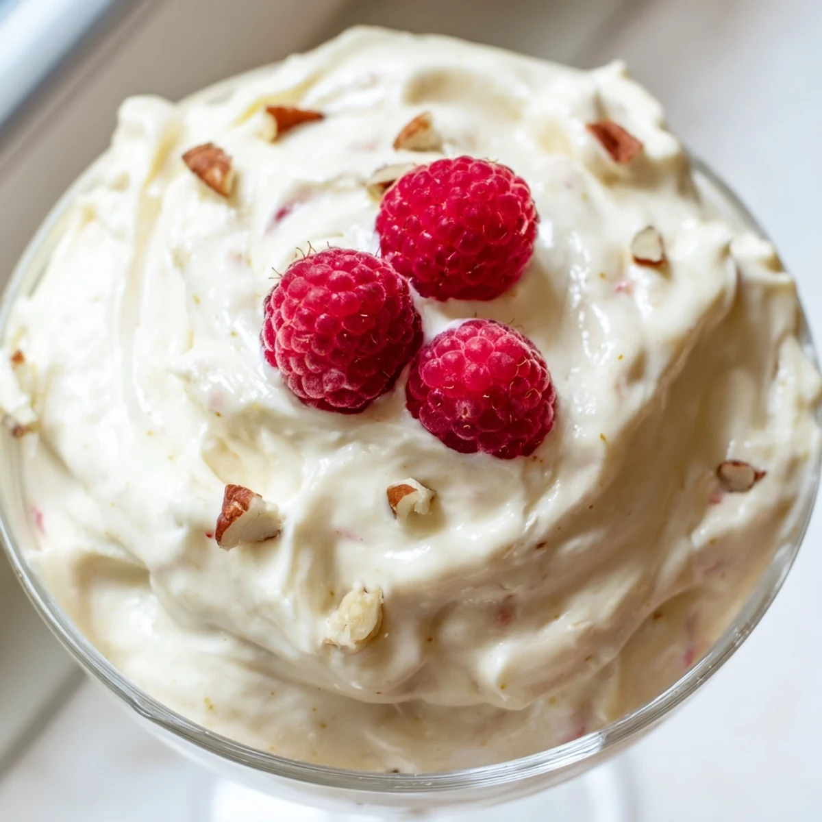 Light and airy keto cheesecake fluff swirled high in a clear serving dish