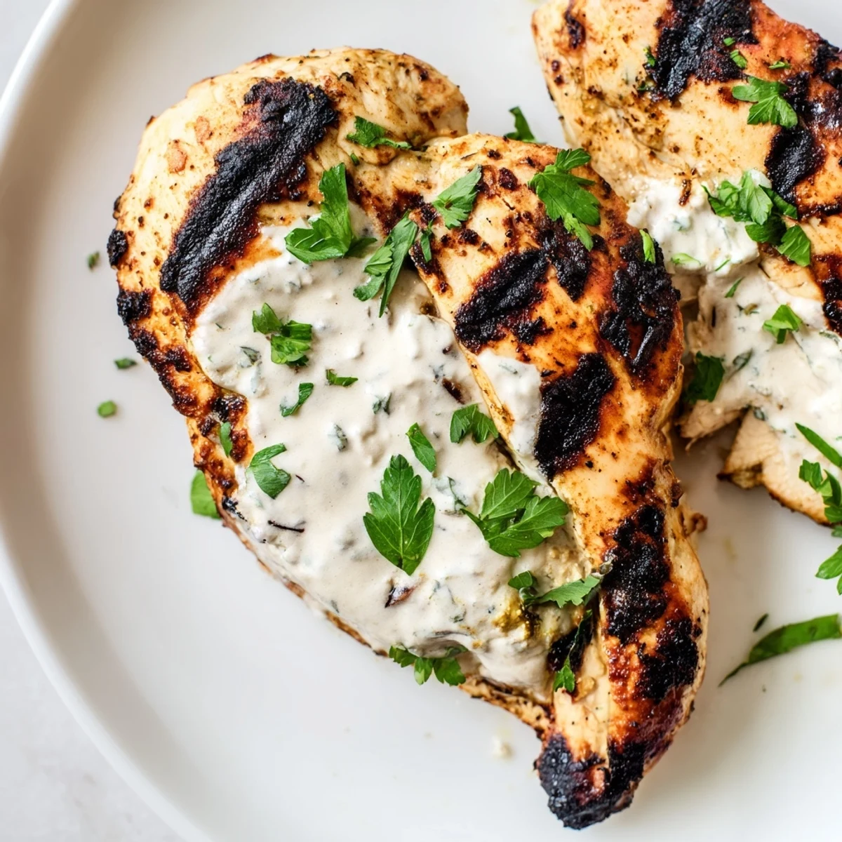 Golden grilled Greek yogurt marinated chicken with charred edges and fresh herbs