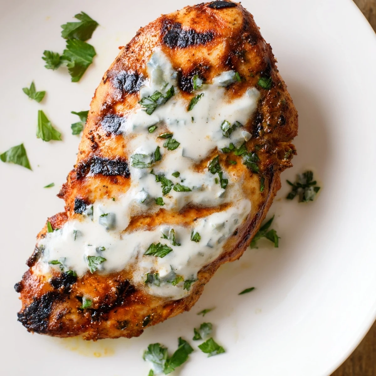 Juicy sliced Greek yogurt marinated chicken on a platter with lemon wedges