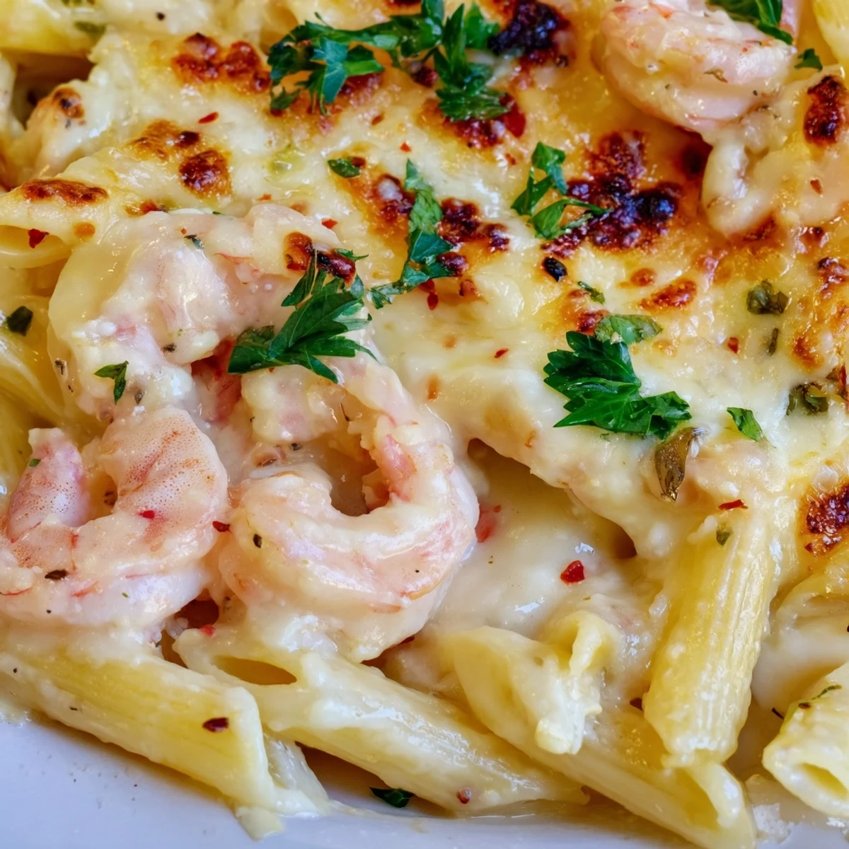 Golden bubbling shrimp scampi pasta bake with melted mozzarella and fresh parsley garnish