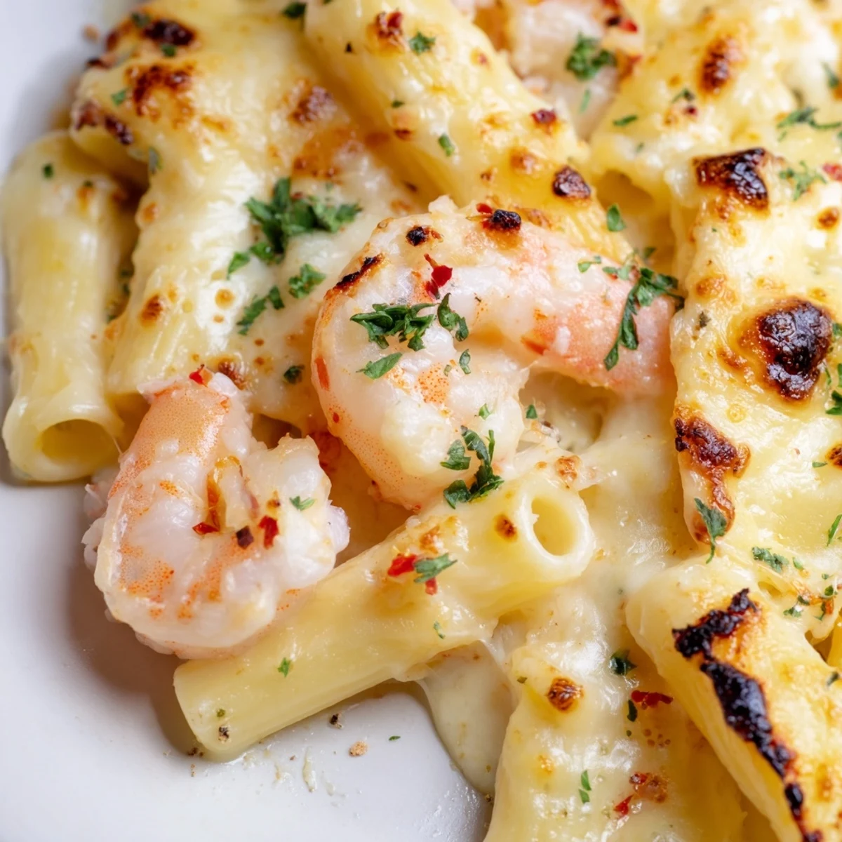Creamy shrimp scampi pasta bake topped with crispy parmesan crust in white baking dish