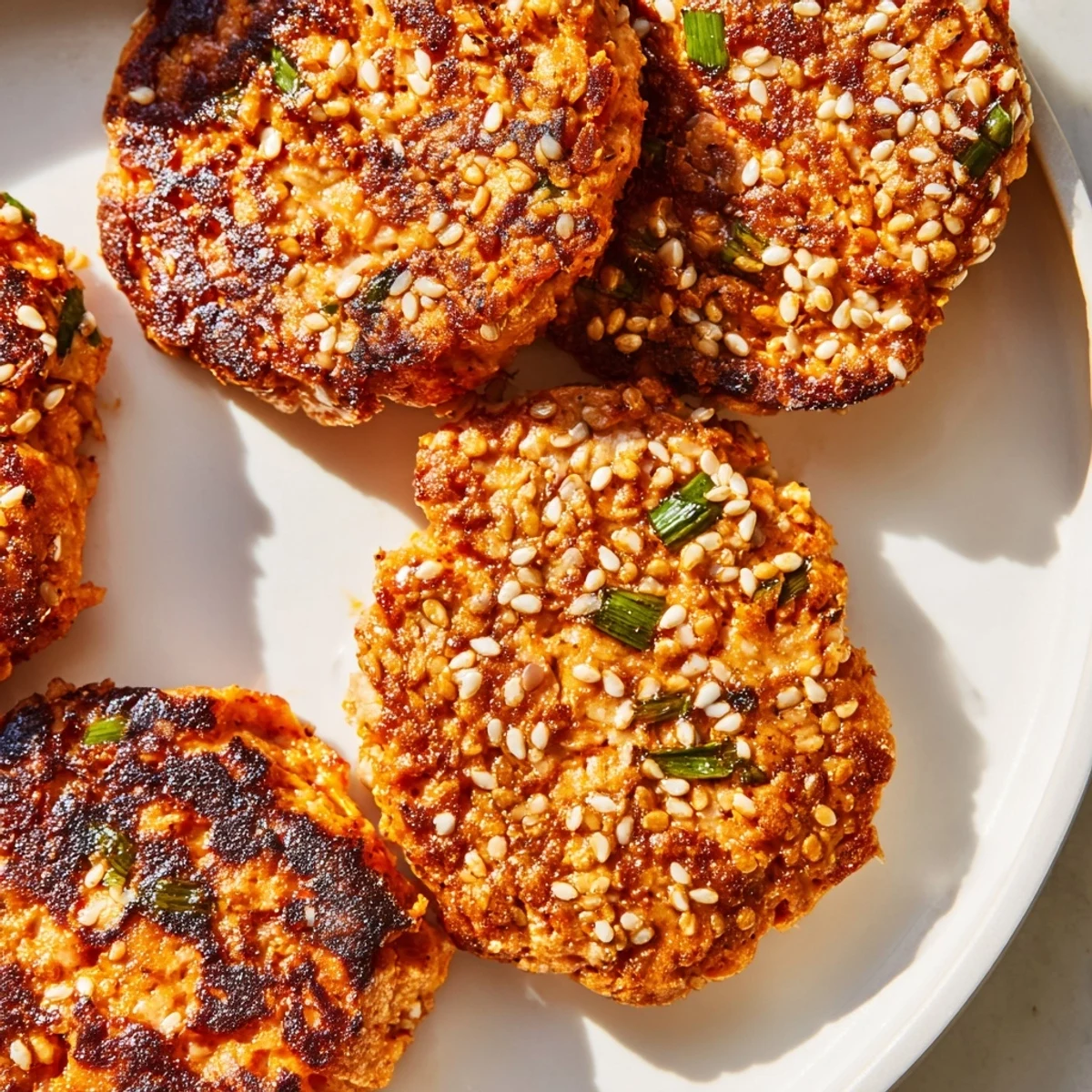 Crispy golden Harissa Sesame Salmon Patties sizzling in a skillet with toasted sesame seed garnish