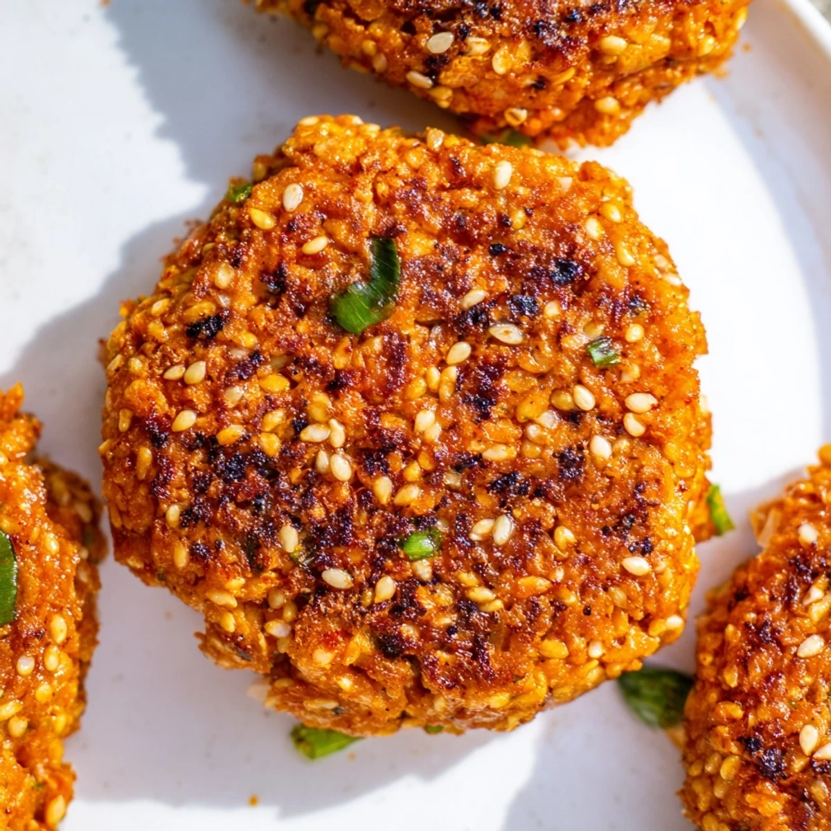 Spicy Harissa Sesame Salmon Patties served with fresh cilantro and lemon wedges on a white plate