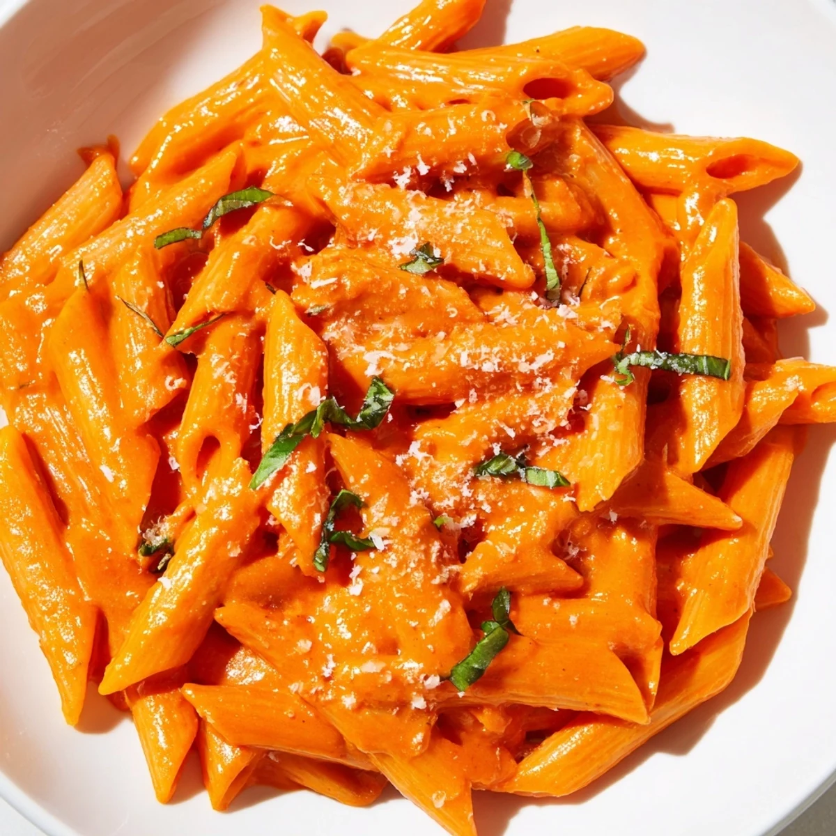Creamy roasted red pepper pantry pasta in a vibrant orange sauce topped with fresh basil