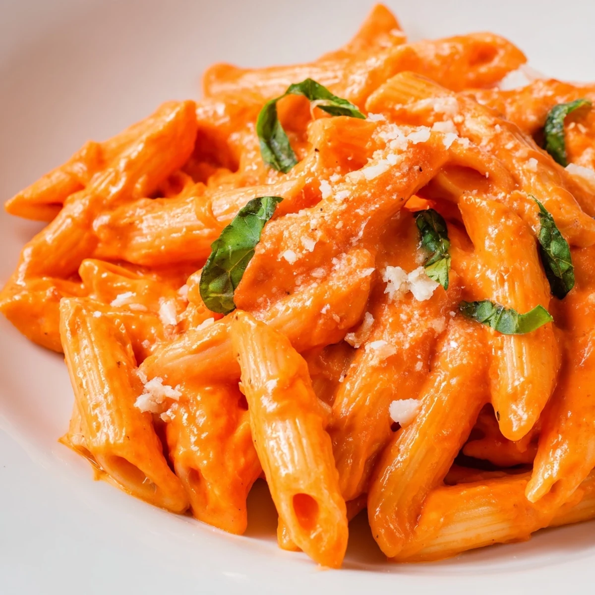 Steaming bowl of roasted red pepper pantry pasta garnished with parsley and parmesan cheese