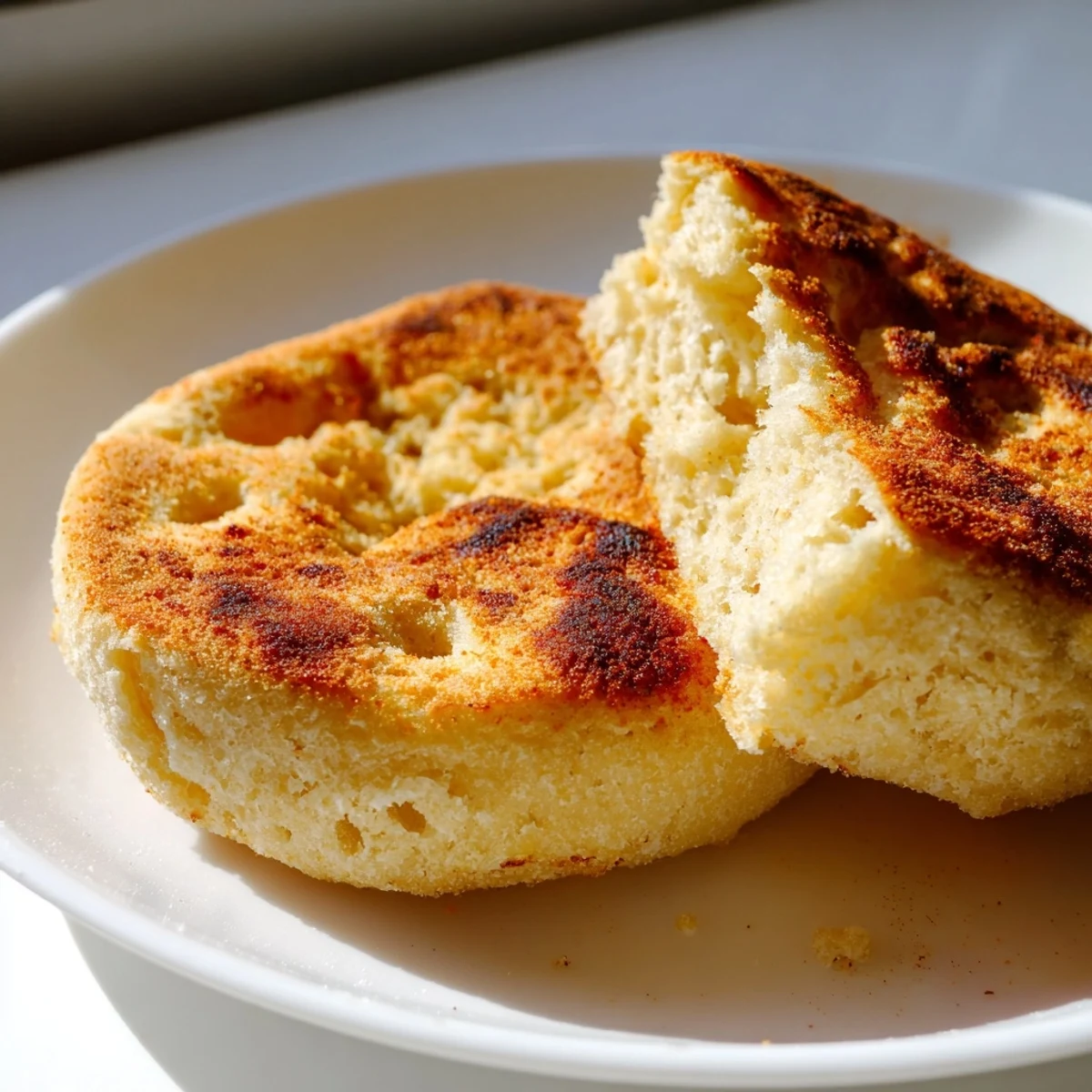 Golden brown homemade English muffins resting on a rustic wooden board with butter