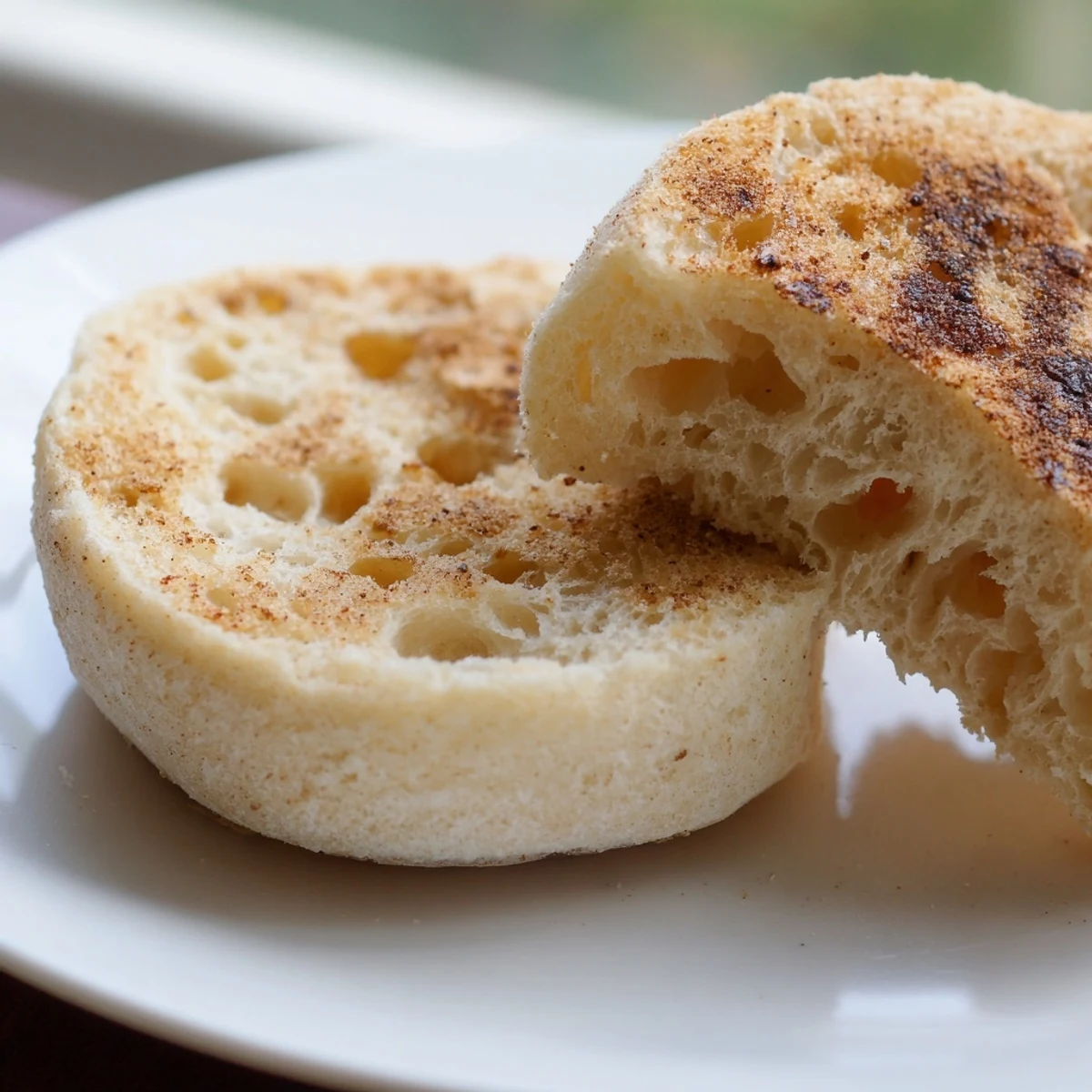 Crusty homemade English muffins split open revealing airy nooks and crannies inside