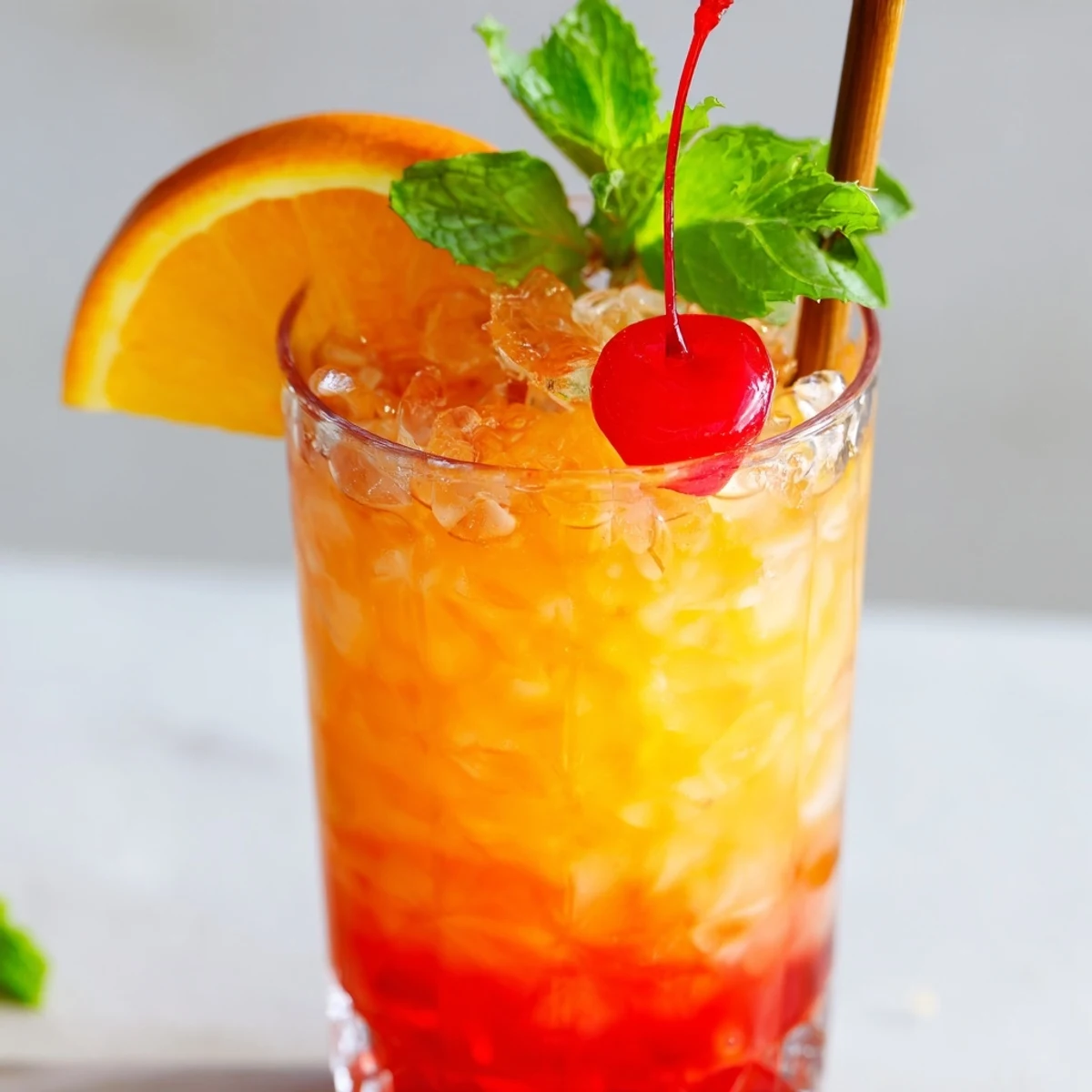 Non-Alcoholic Mai Tai in a rocks glass with grenadine layers, orange slice, and cherry garnish