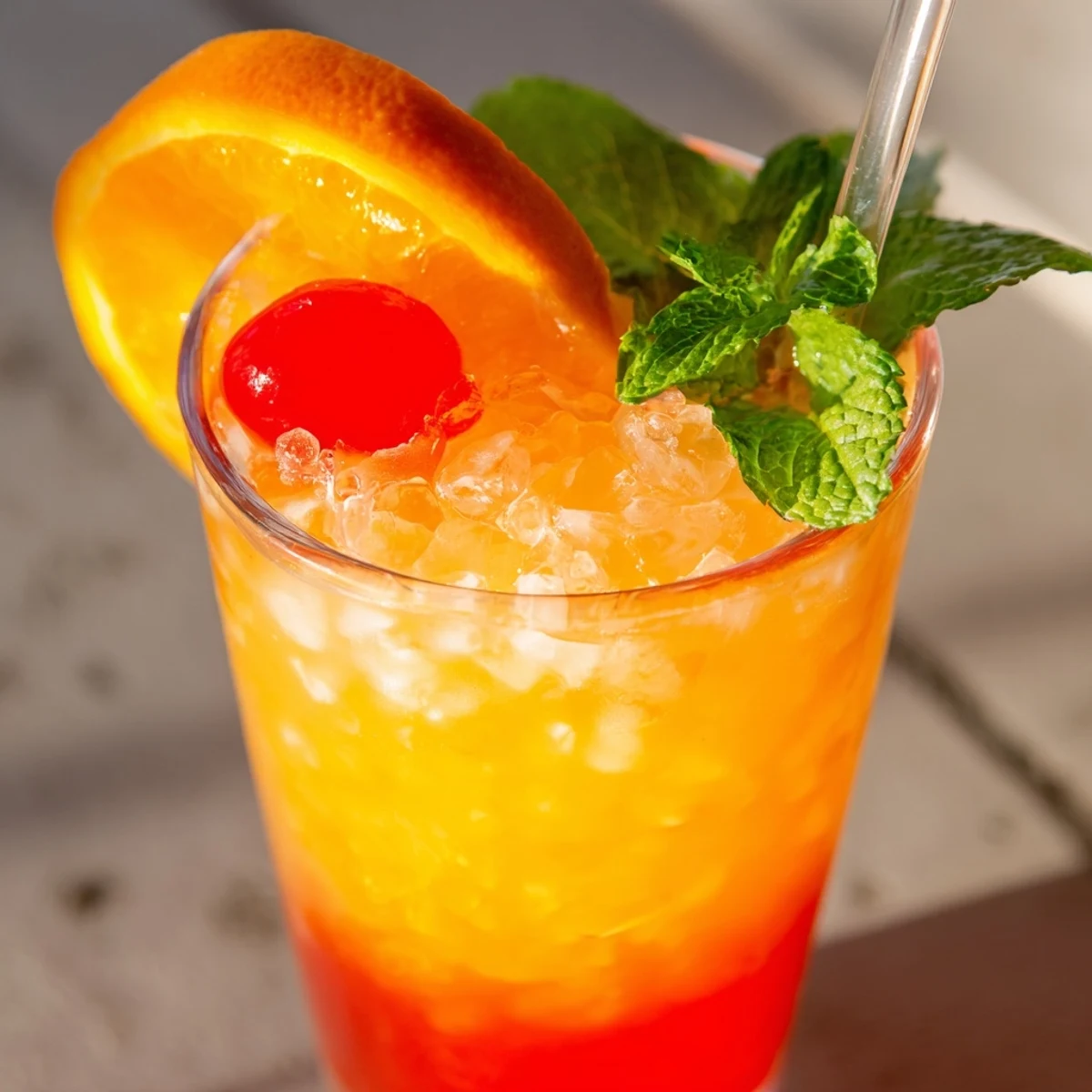 Tropical Non-Alcoholic Mai Tai mocktail served over crushed ice with fresh mint and cherry