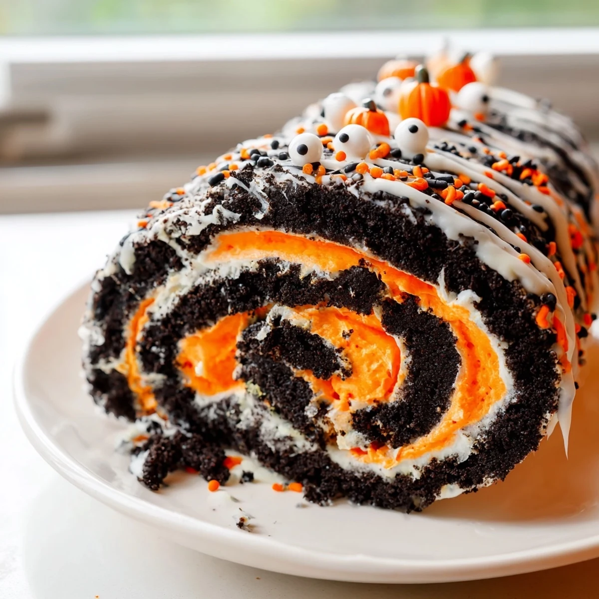 A slice of Halloween Oreo Roll with candy eyes and orange whipped cream filling on a festive plate