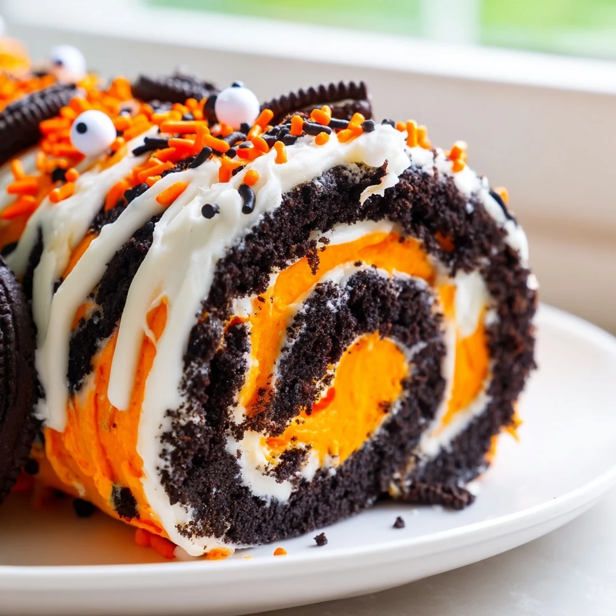 Halloween Oreo Roll drizzled with chocolate and topped with spooky sprinkles on a dark serving tray