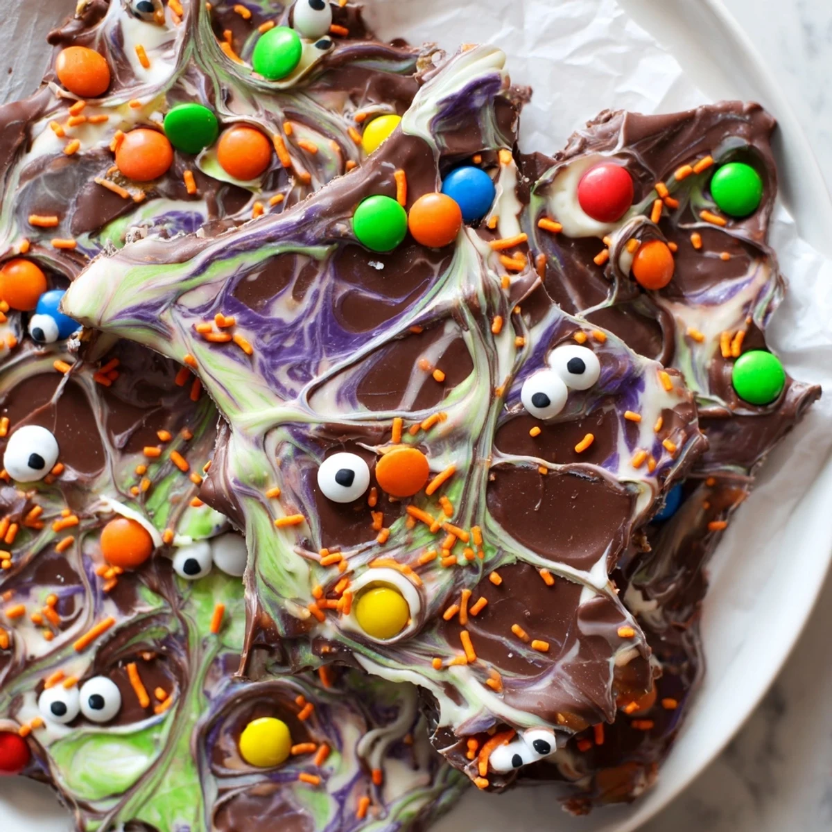 Melting Witches Bark with swirled chocolates, candy eyes, and spooky sprinkles on parchment