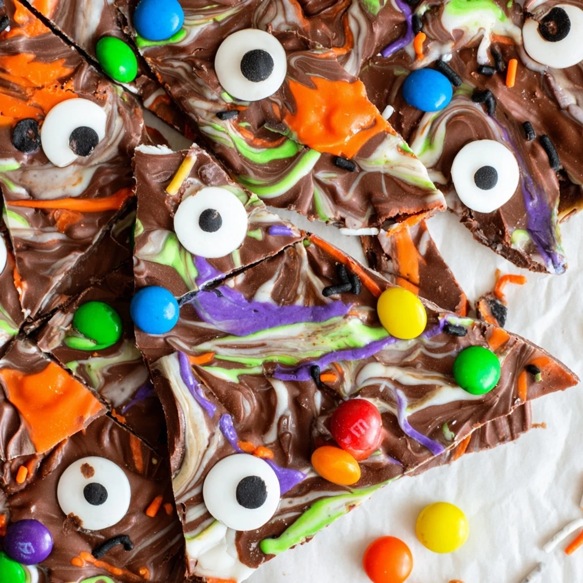 Dark and white chocolate Melting Witches Bark topped with colorful Halloween candies and eyes