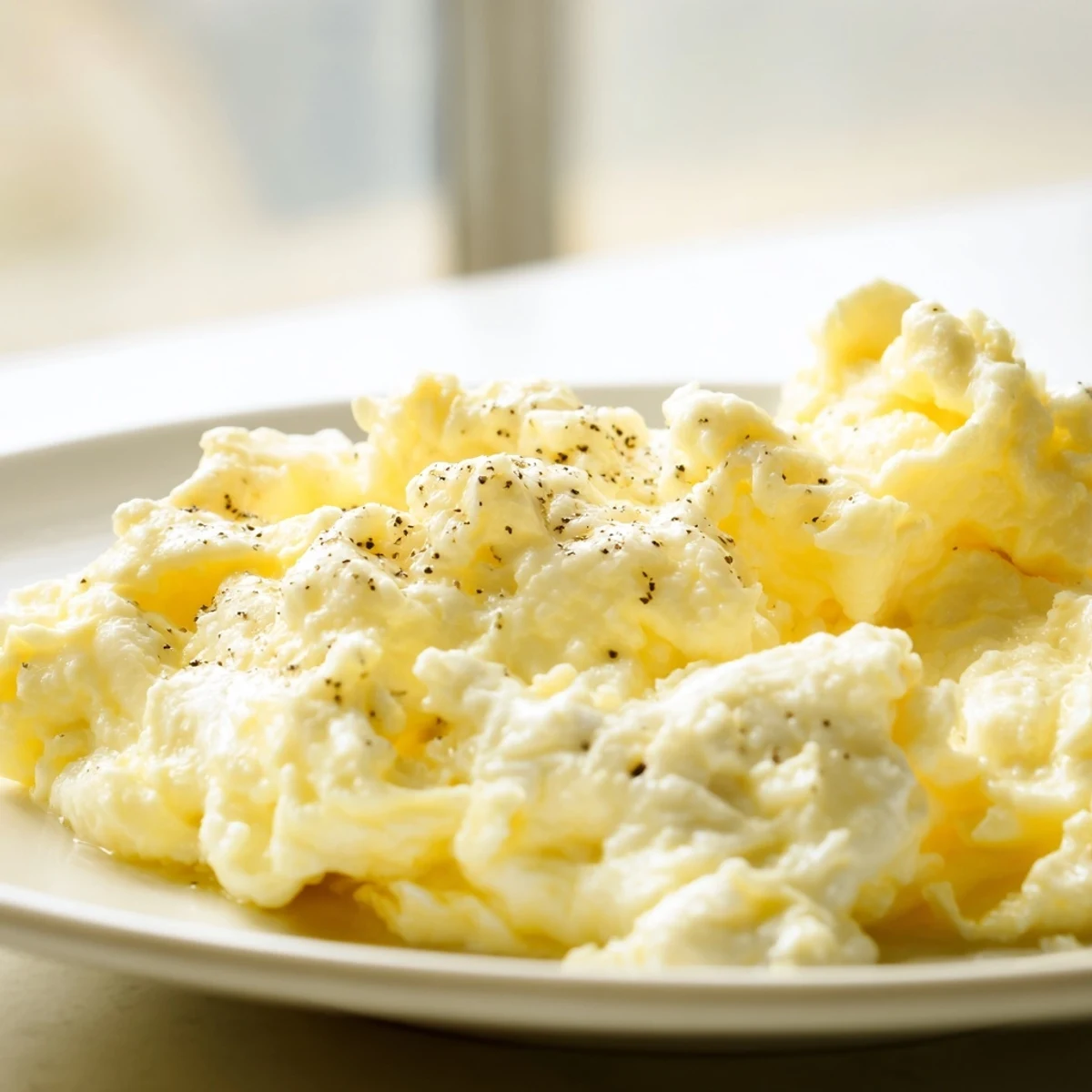 Creamy scrambled eggs nestled in a skillet with soft golden curds and fresh herbs
