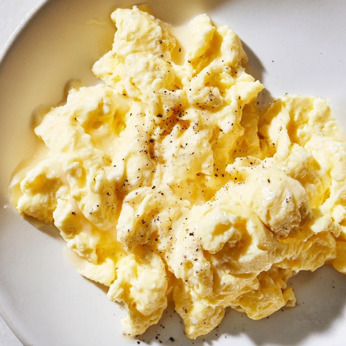 Fluffy scrambled eggs piled on a white plate beside buttered toast and avocado