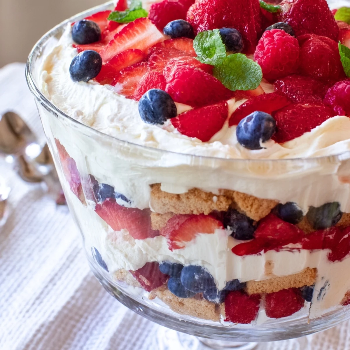 Creamy Red White Blue Mixed Berry Yum Yum layered with fresh strawberries in a glass trifle bowl