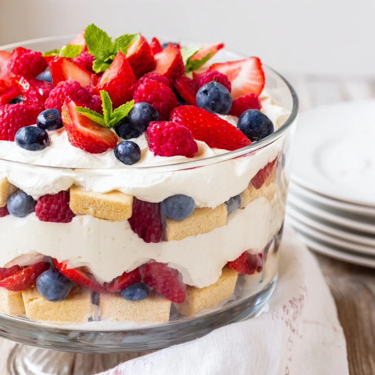 Vibrant Red White Blue Mixed Berry Yum Yum crowned with raspberries and whipped cream cheese filling