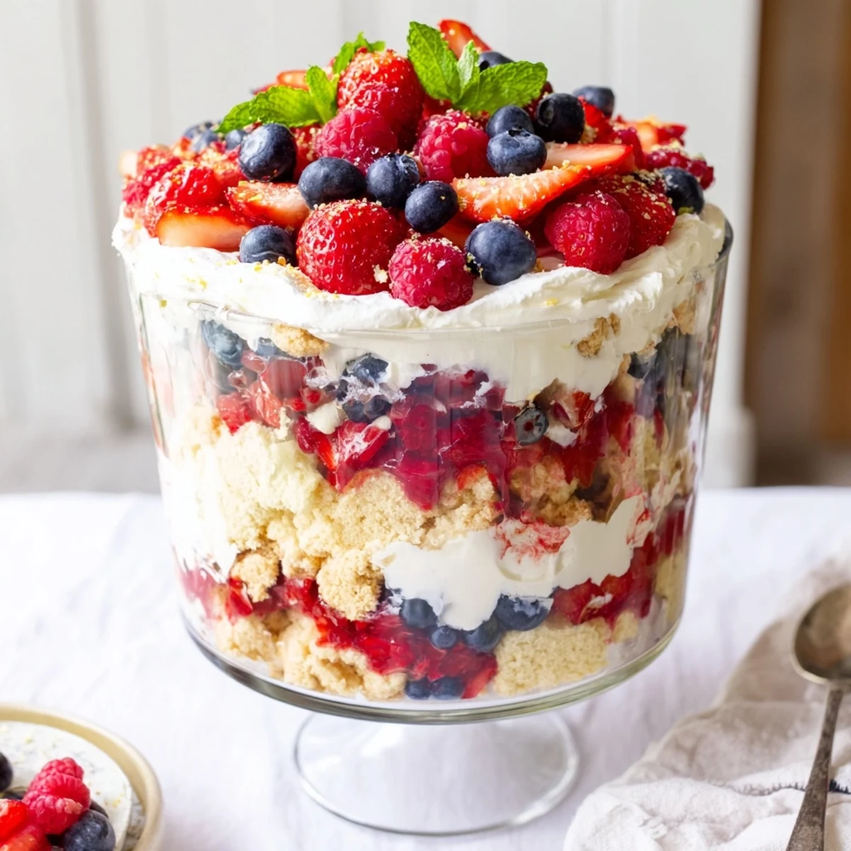 No-bake Red White Blue Mixed Berry Yum Yum served in individual dessert cups with crushed shortbread