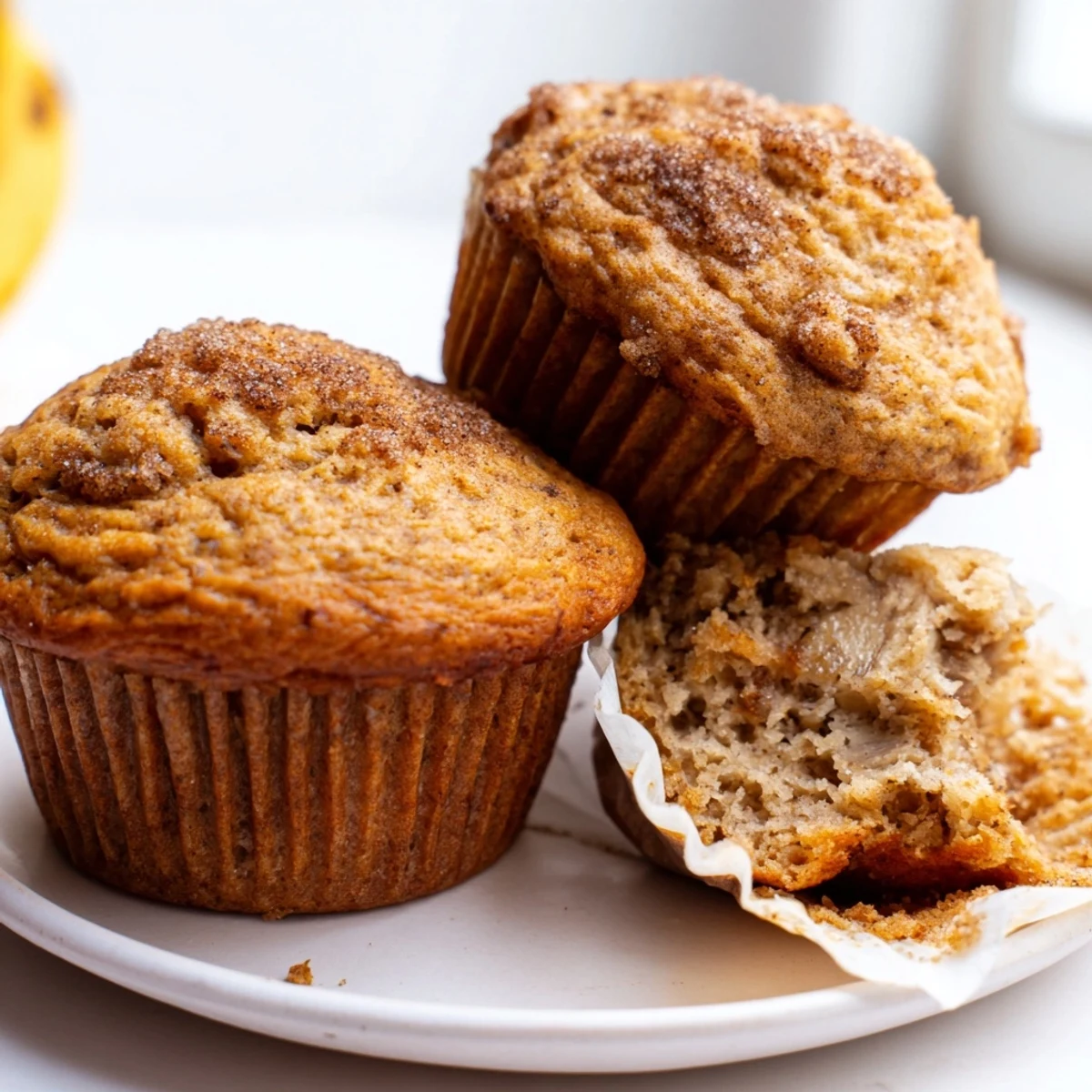 Golden banana muffins with domed tops fresh from the oven on a wire rack