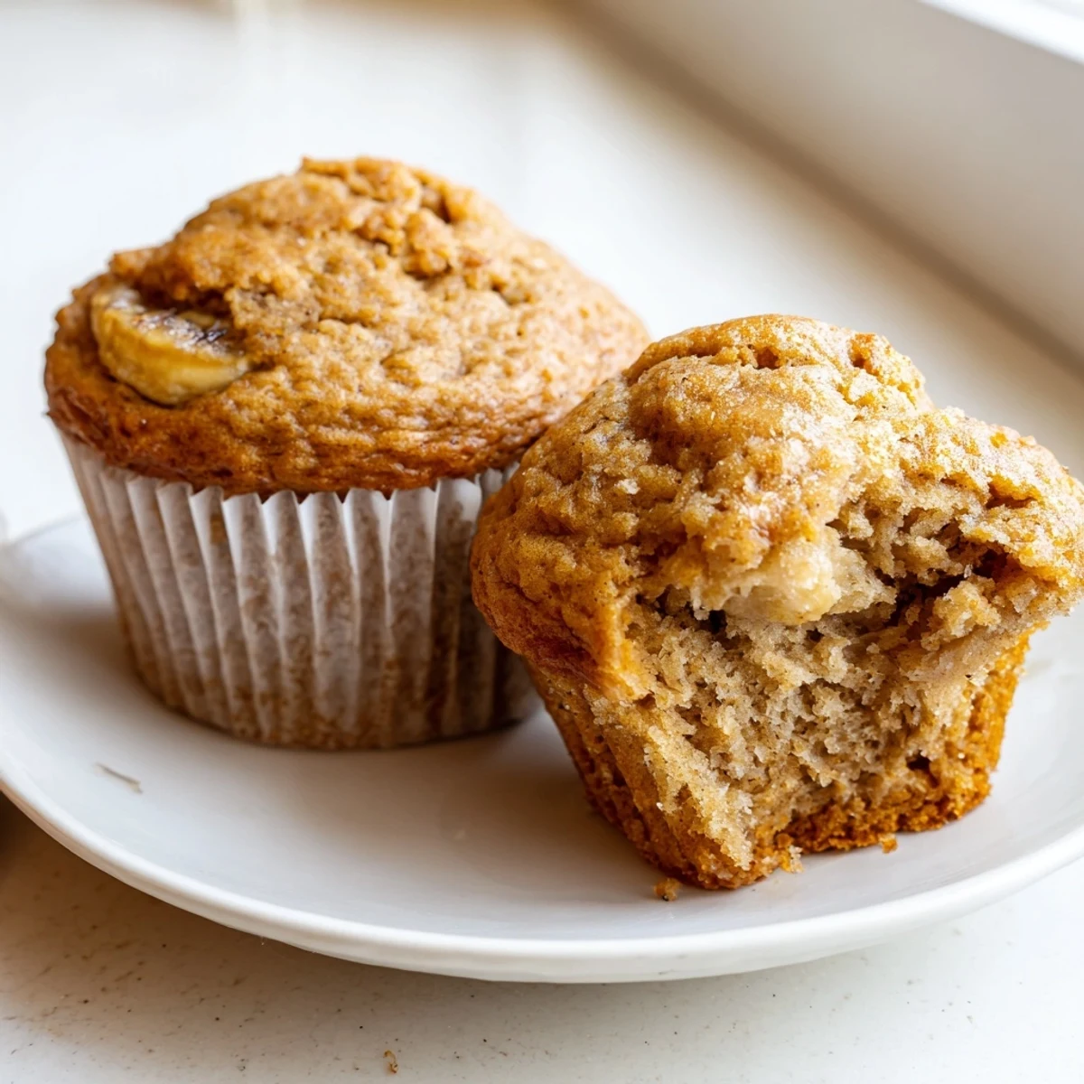 Soft, moist banana muffins arranged on a rustic plate for a breakfast table
