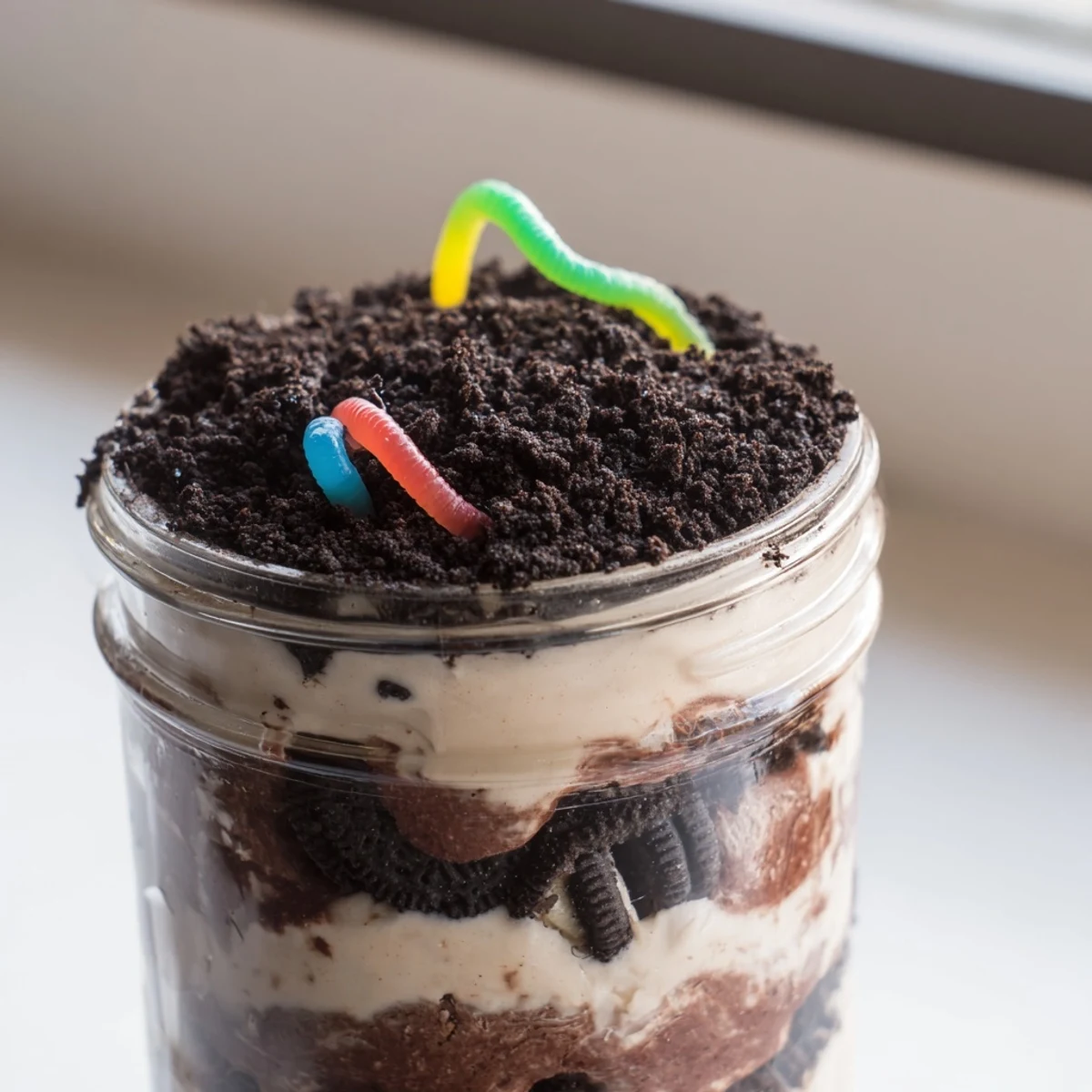 Creamy dirt pudding with chocolate cookie crumbs and gummy worms in clear cups