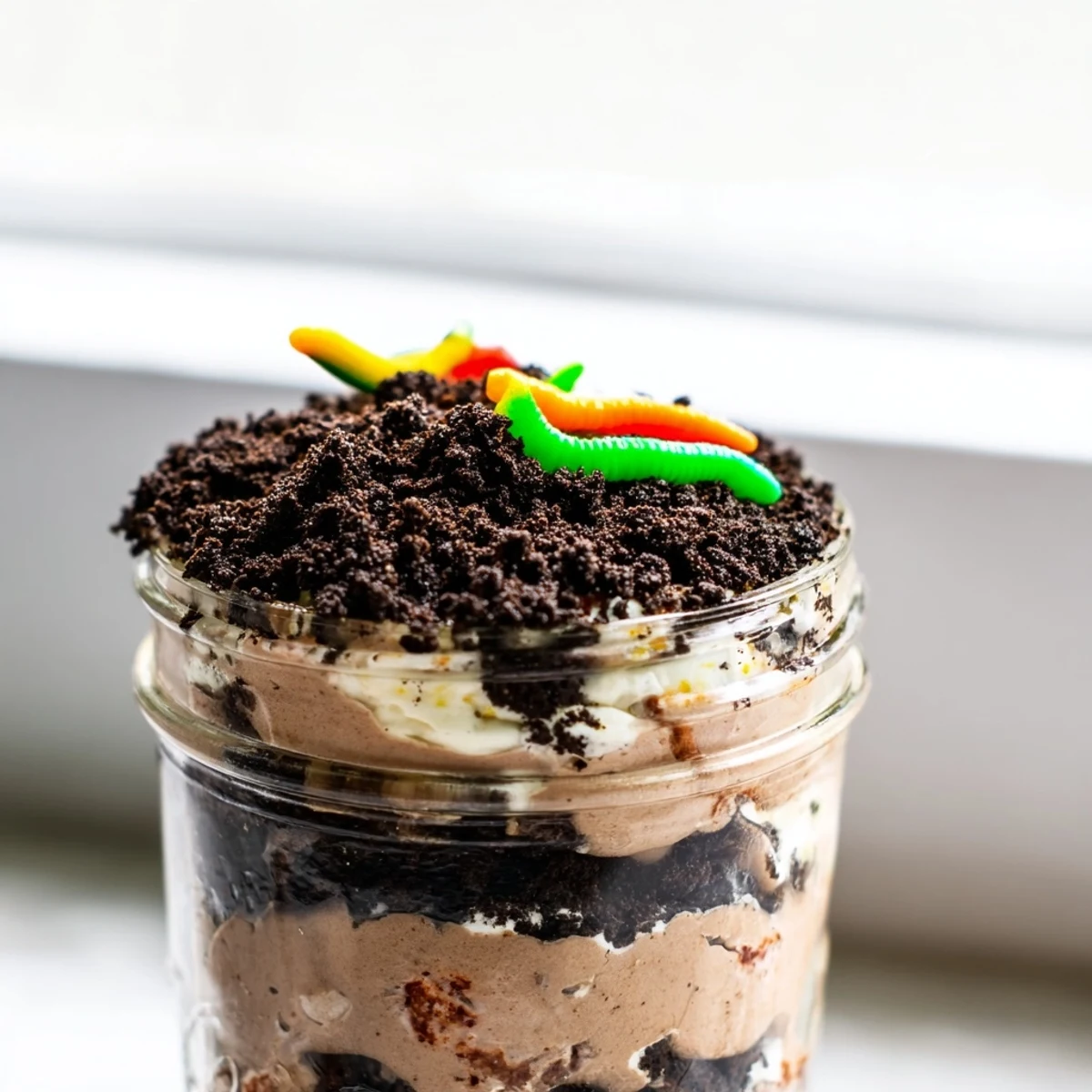 Chocolate dirt pudding layered with crushed Oreos and topped with playful gummy worms