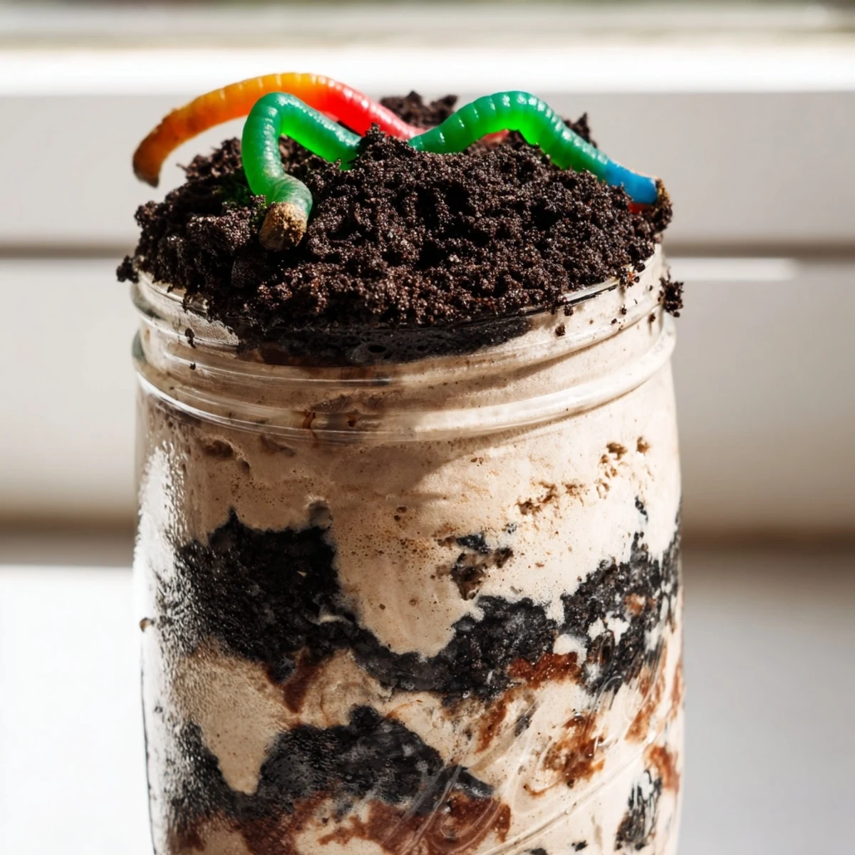 Rich and creamy dirt pudding served in jars with cookie crumb dirt topping