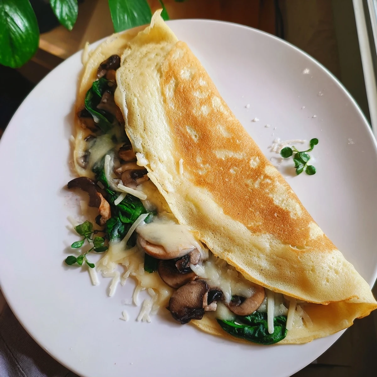 Golden savory crepes filled with sautéed spinach, mushrooms, and melted Gruyère cheese on a plate