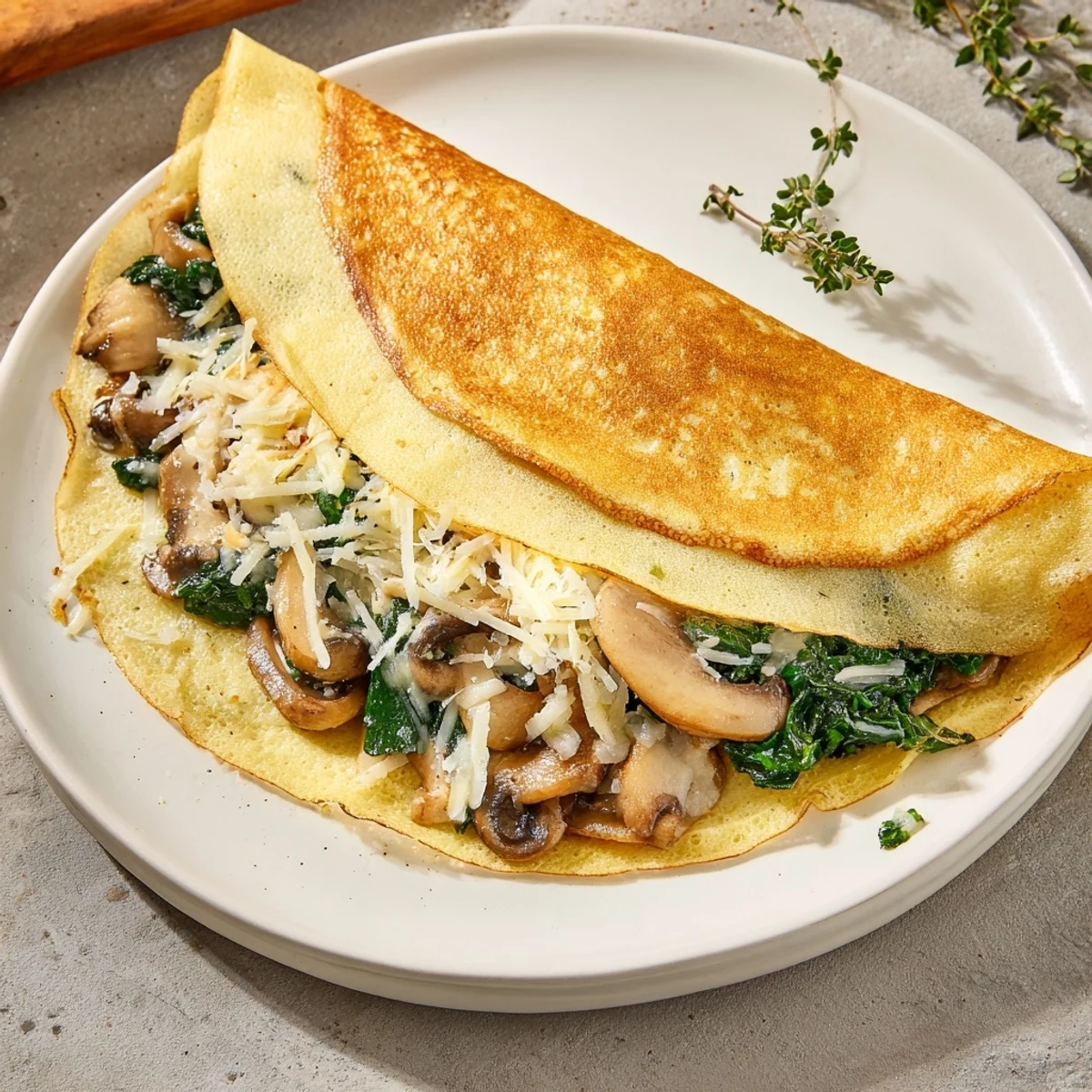 Savory crepes folded over a creamy spinach and mushroom filling, garnished with fresh herbs