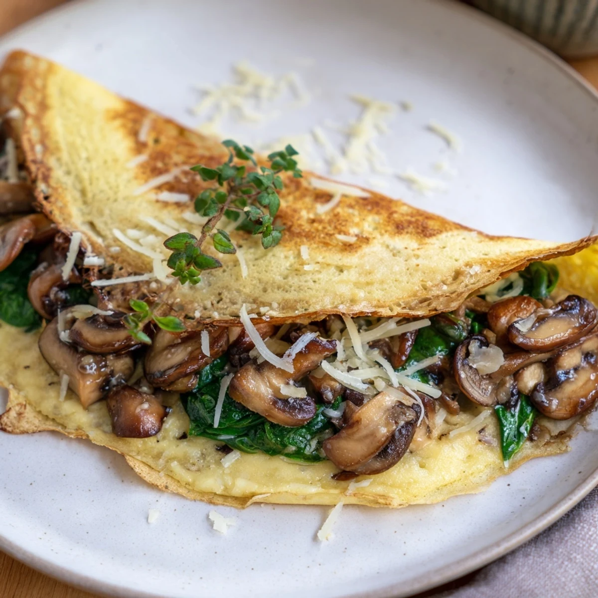 Thin French savory crepes rolled around tender spinach and mushrooms with bubbling melted cheese