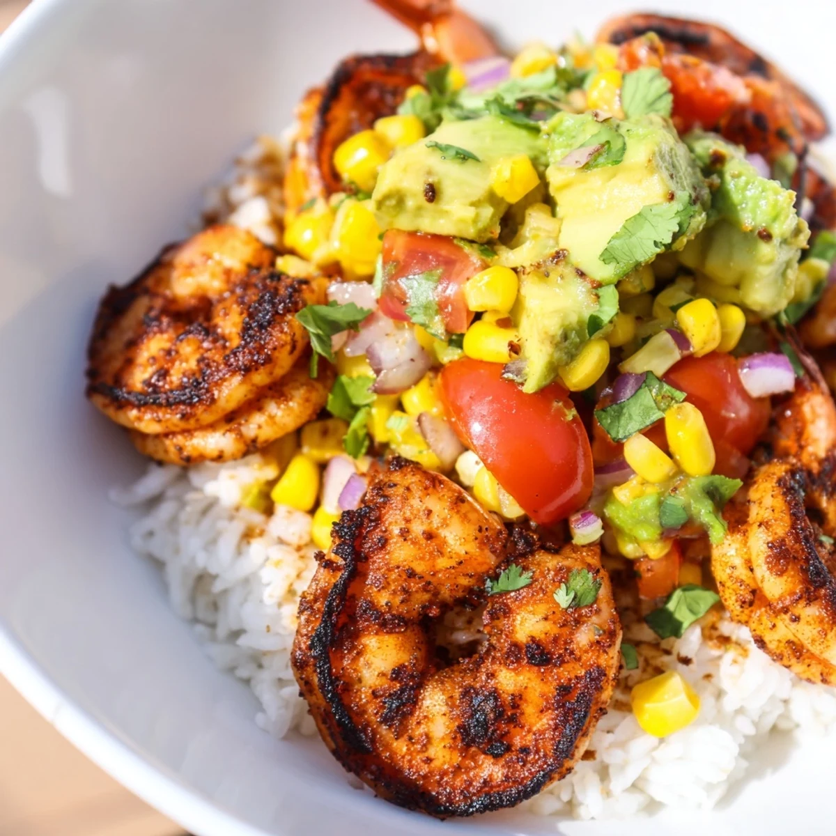 Charred grilled shrimp bowl with avocado corn salsa over fluffy white rice