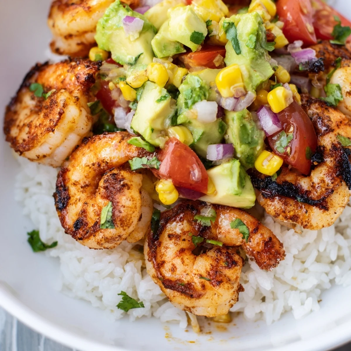 Grilled shrimp bowl with avocado corn salsa garnished with fresh lime wedges