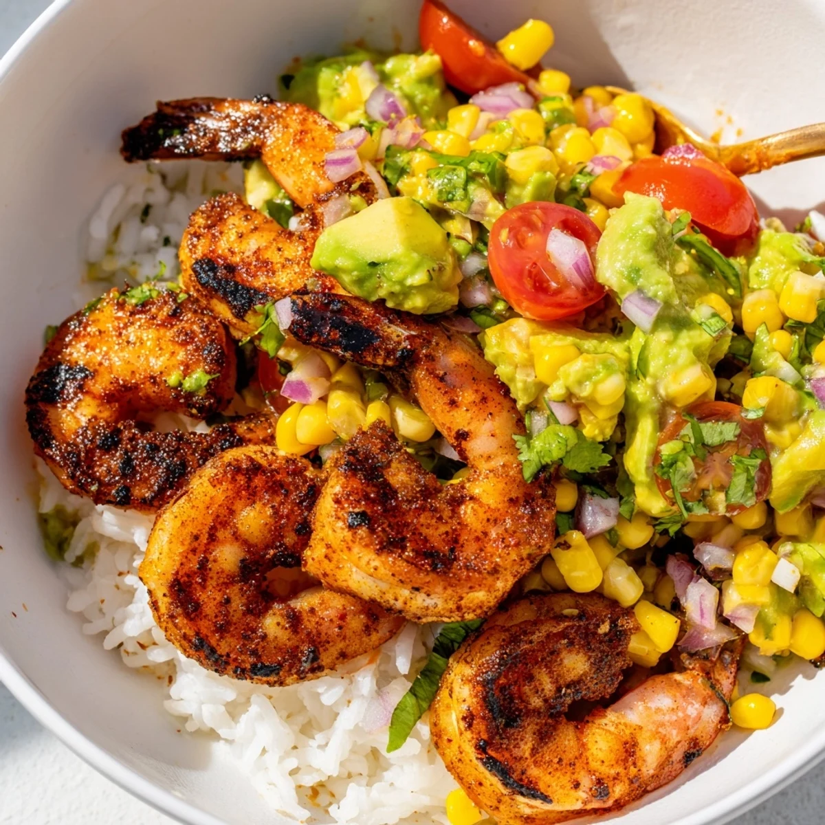 Sizzling grilled shrimp bowl with avocado corn salsa atop a bed of rice