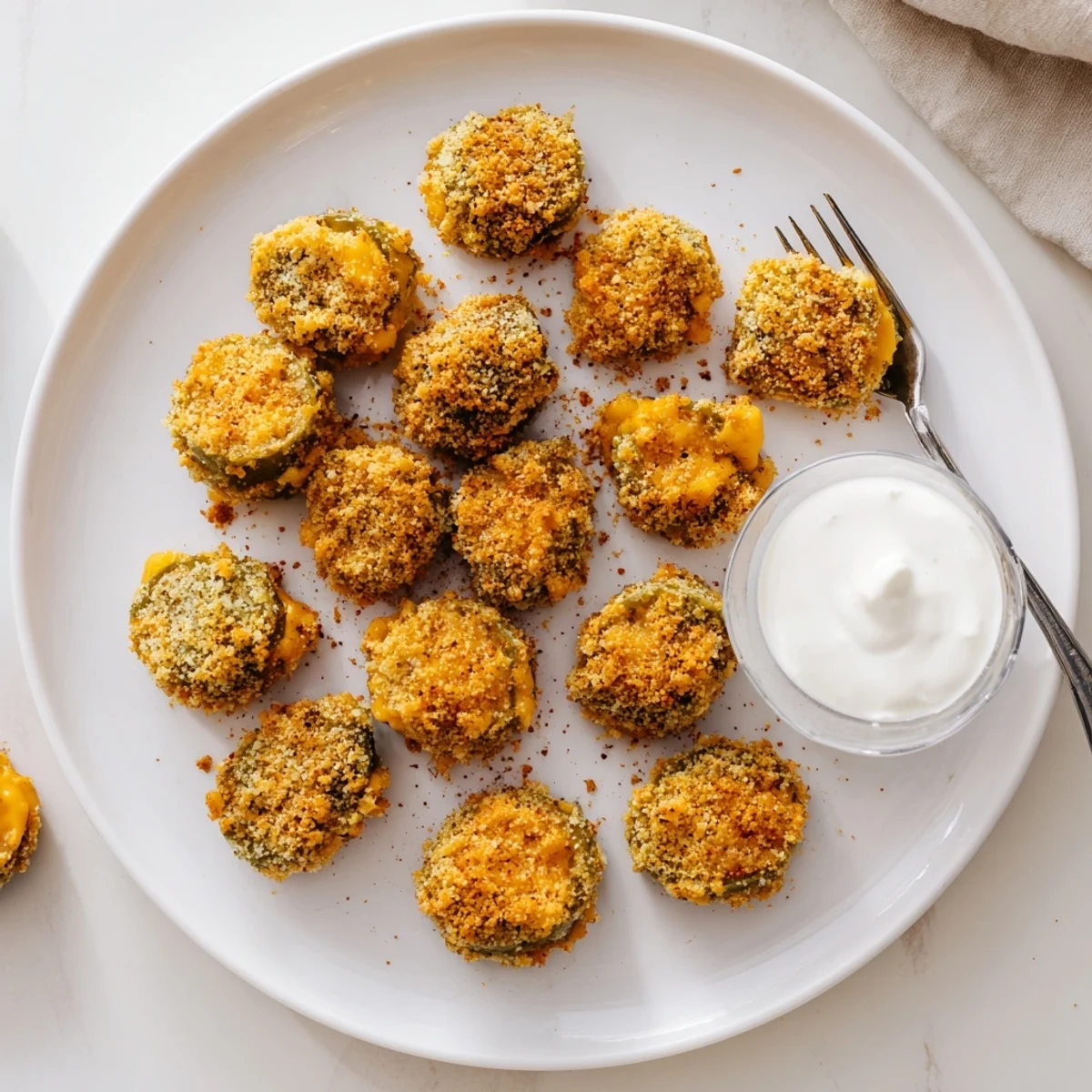 Golden crispy pickle cheese bites served warm with a side of ranch dipping sauce