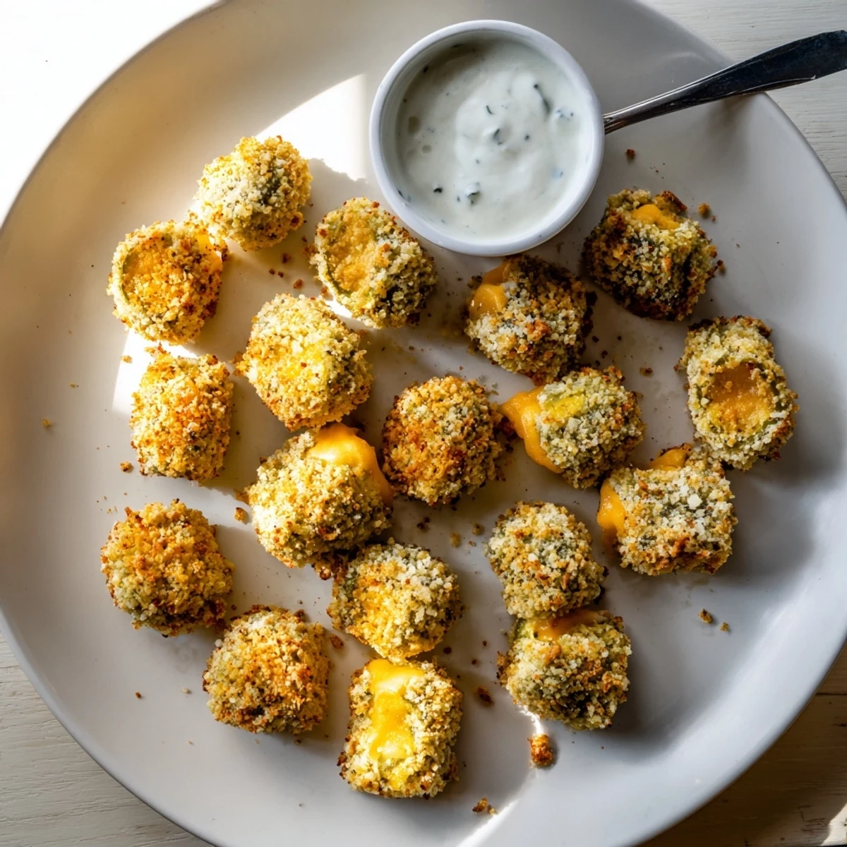 Crispy pickle cheese bites frying in hot oil until deeply golden and crunchy