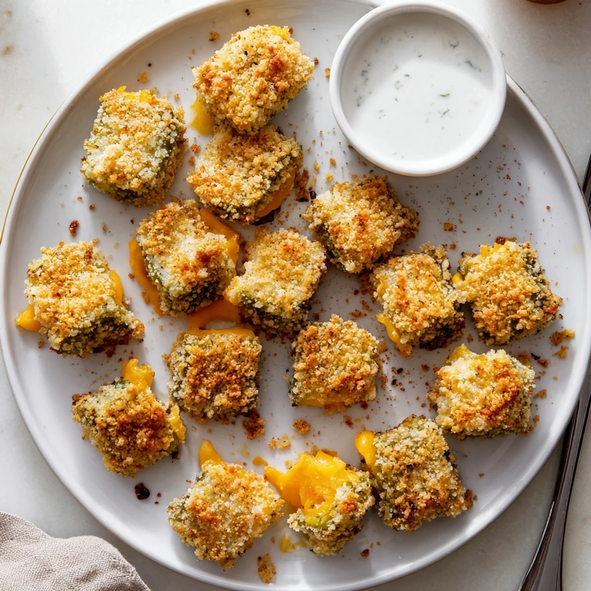 A plate of crispy pickle cheese bites with gooey melted cheddar inside