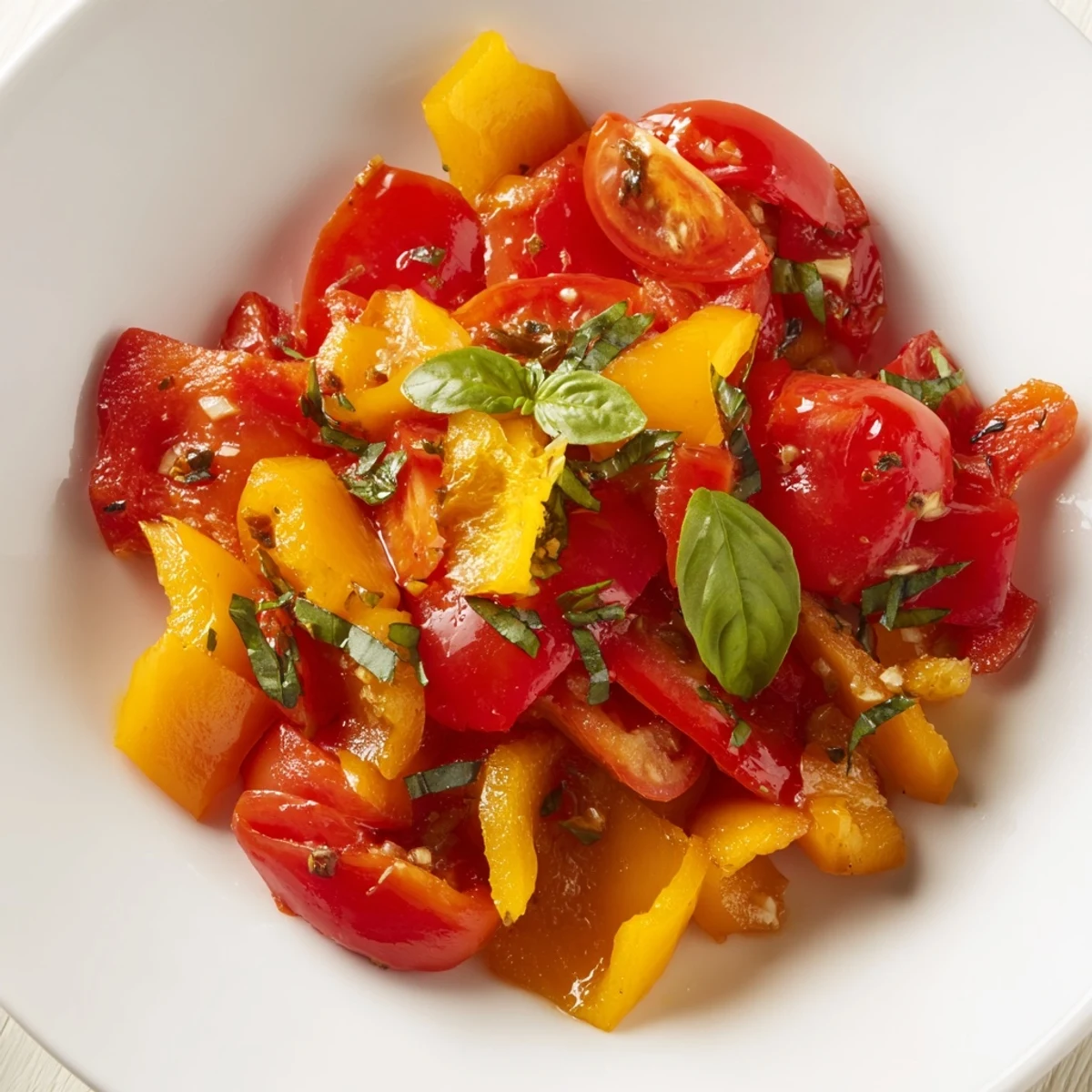 Golden caramelized classic Mediterranean roasted vegetables scattered with fresh basil on a rustic platter