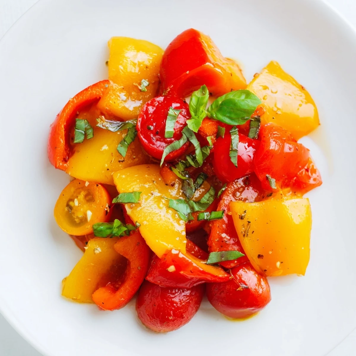 Colorful classic Mediterranean roasted vegetables with charred edges served warm on a white baking sheet
