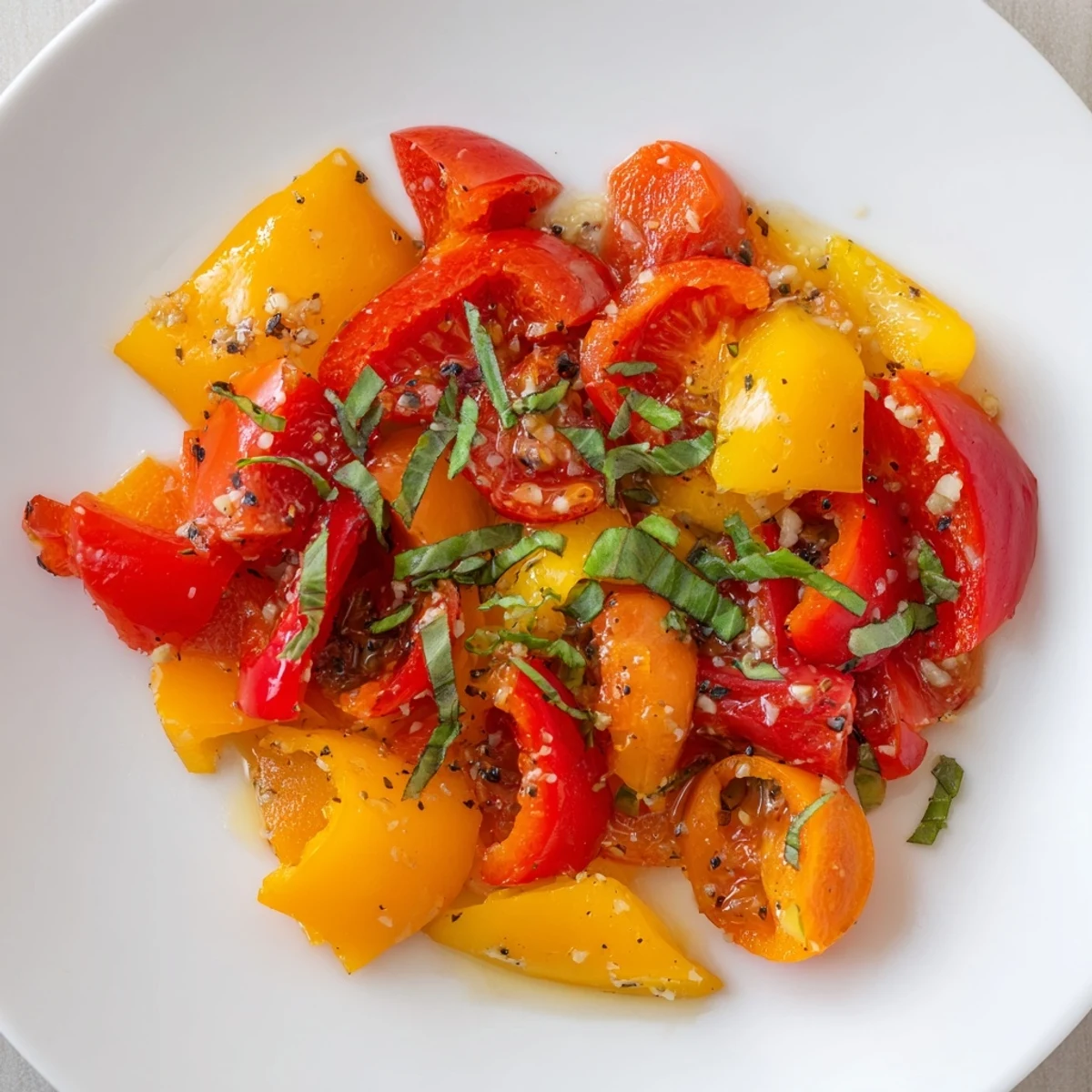 Tender classic Mediterranean roasted vegetables drizzled with olive oil and garnished with chopped basil