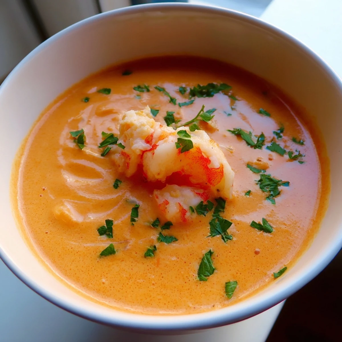Golden bowl of creamy crab and shrimp bisque garnished with fresh parsley