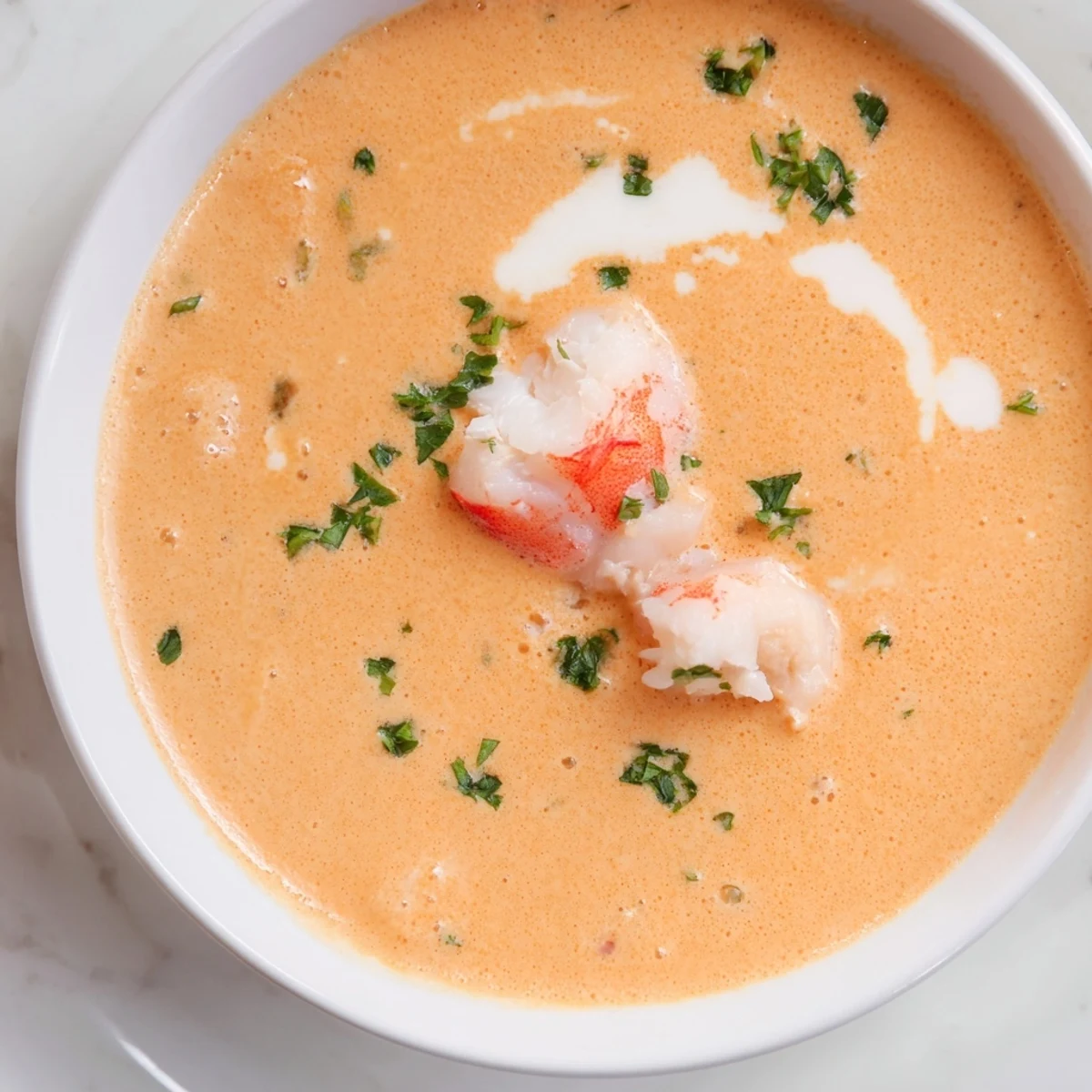 Velvety shrimp and crab bisque steaming in a white soup bowl