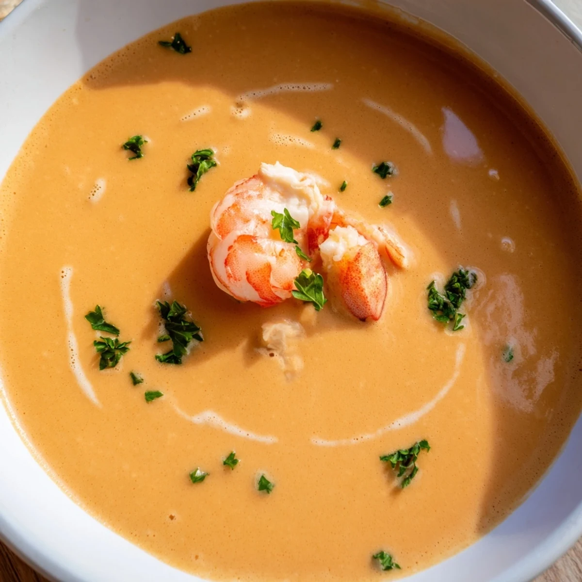 Rich crab and shrimp bisque ladled into a bowl with lemon wedge