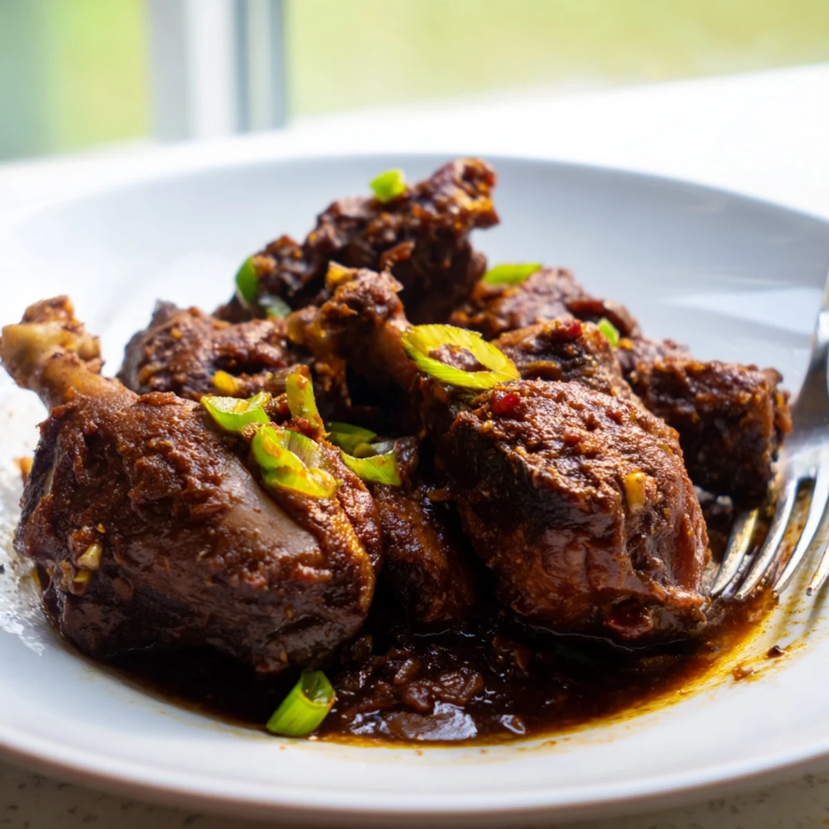 Tender Jamaican brown stew chicken simmered in a rich, spiced brown gravy