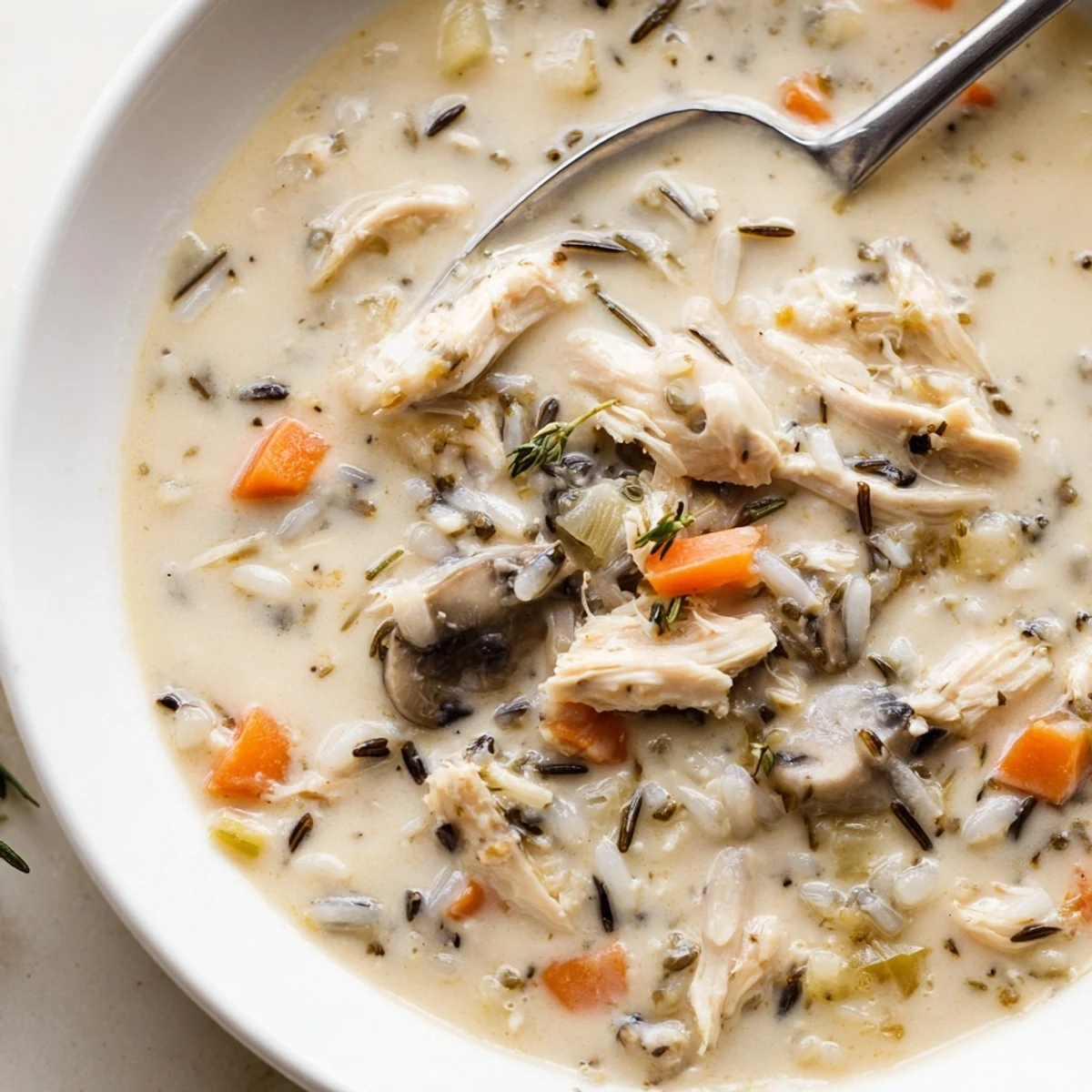 Steaming bowl of creamy slow cooker chicken mushroom wild rice soup with crusty bread