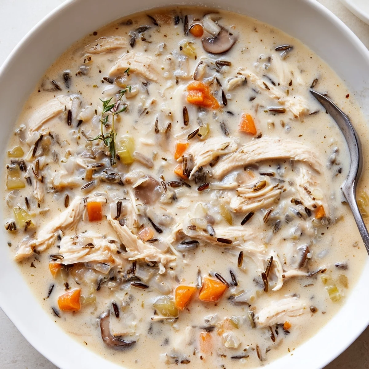 Hearty slow cooker chicken mushroom wild rice soup ladled into a rustic ceramic bowl