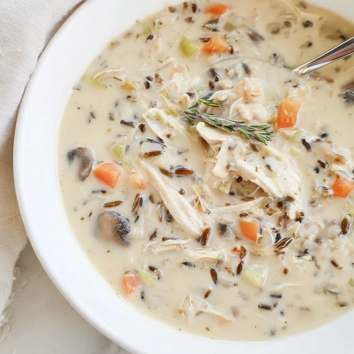 Shredded chicken and earthy mushrooms nestled in a rich broth of wild rice soup