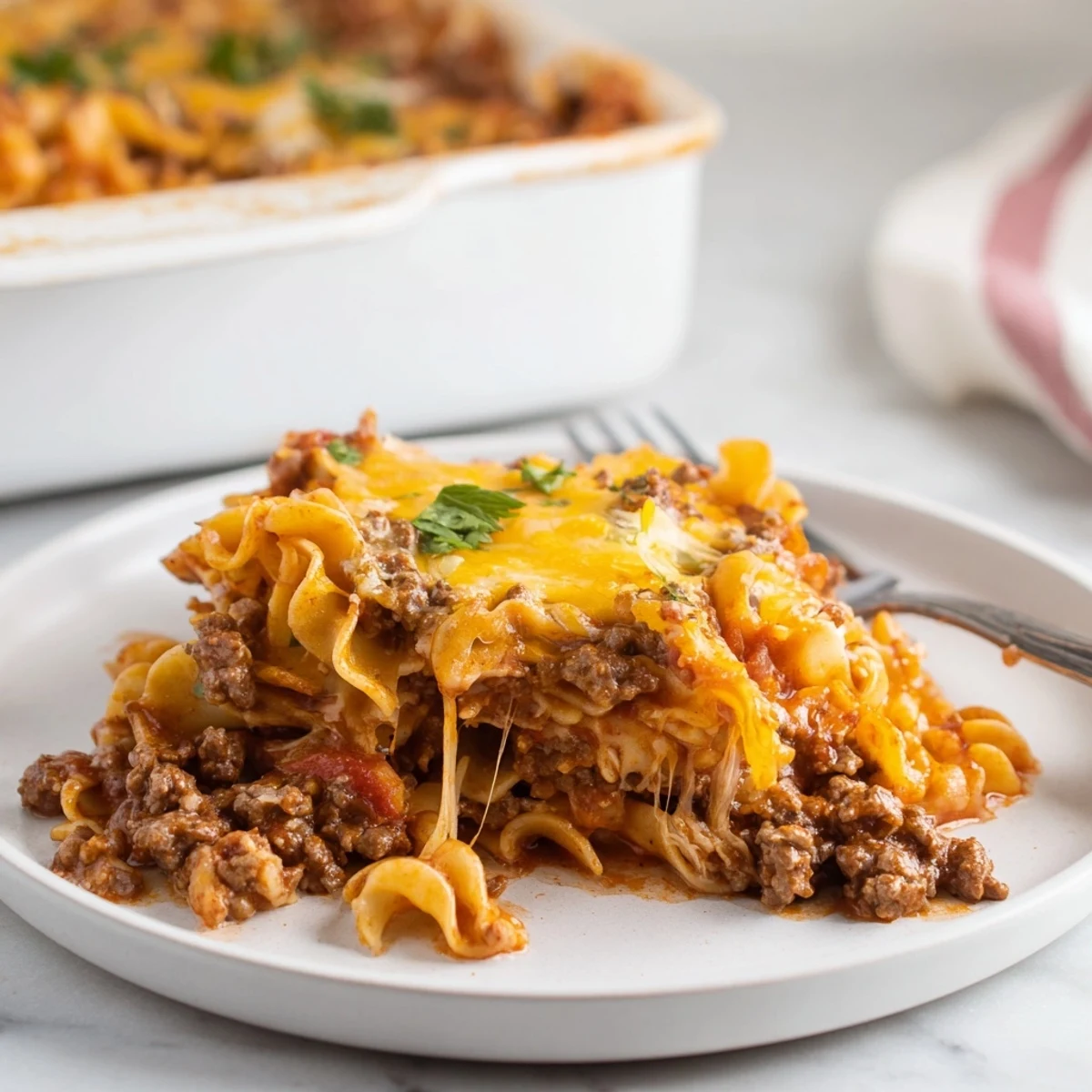 Beef Noodle Casserole bubbling with melted cheddar, golden edges and parsley garnish