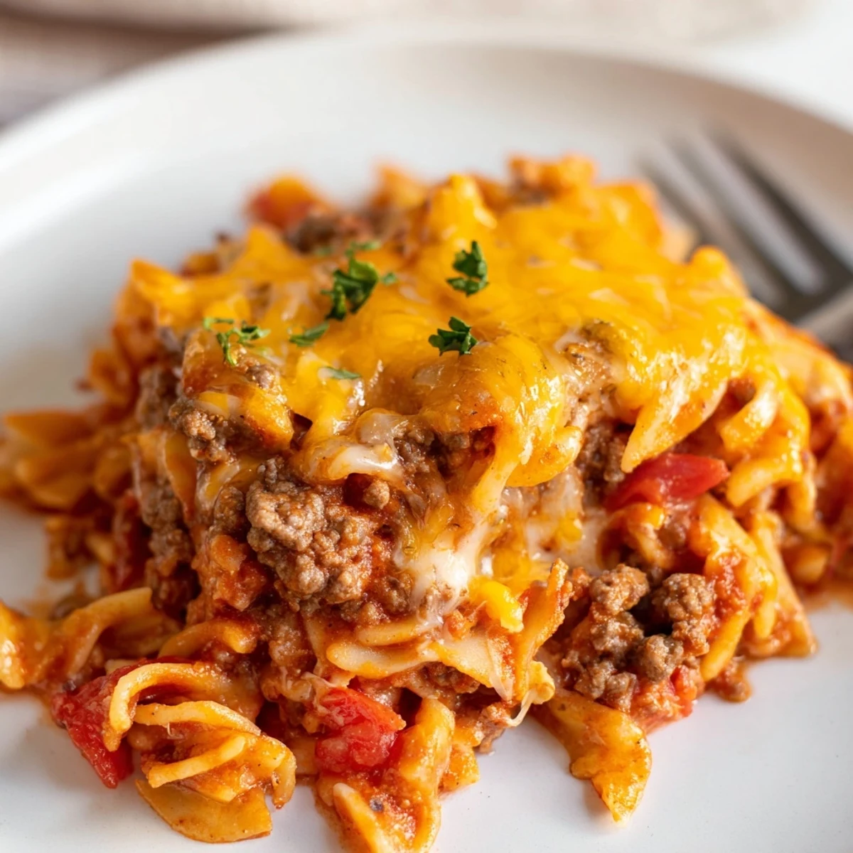 Homestyle Beef Noodle Casserole served steaming with garlic bread on wooden table