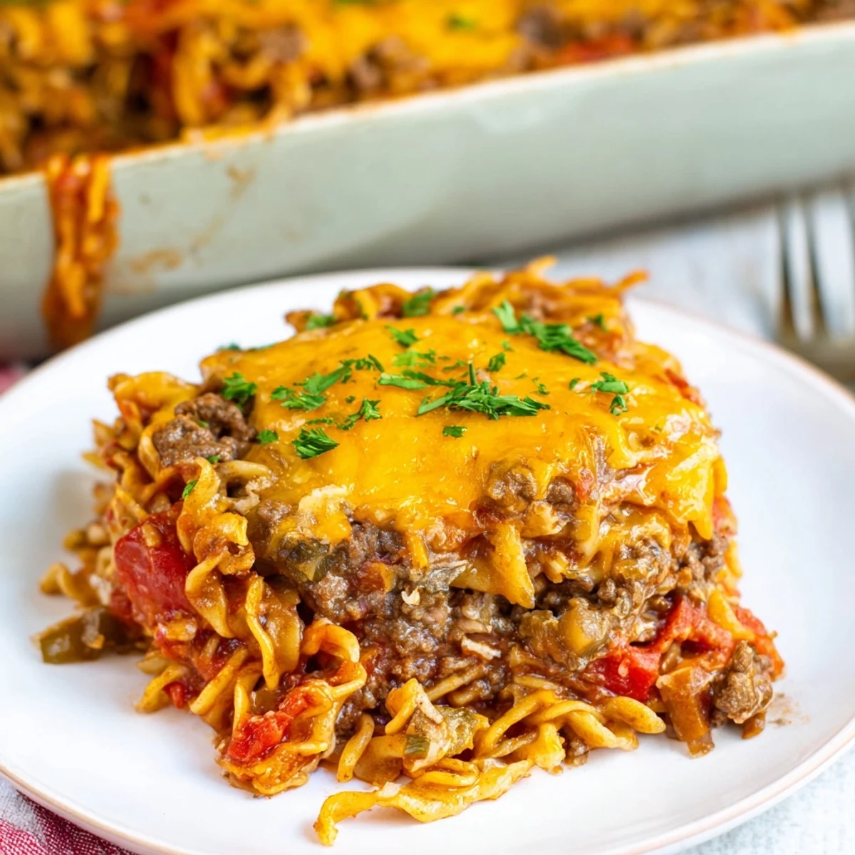 Cheesy Beef Noodle Casserole spoonful showing tender beef, saucy noodles, comforting aroma